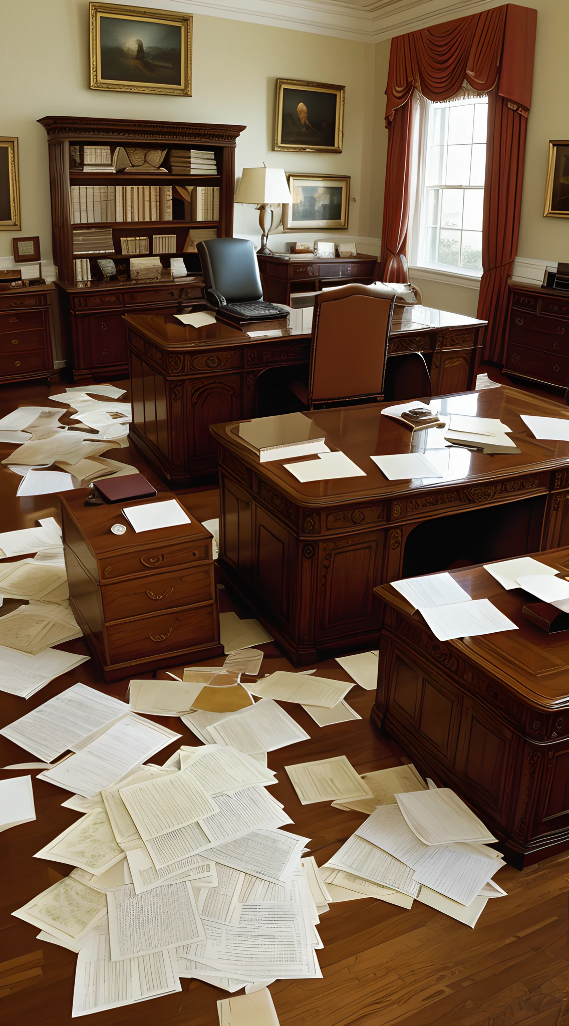 (masterpiece, 8K, detailed:1.3), Oval Office, period correct for the 1990s, (chaotic desk:1.2), overturned lamp, scattered documents, yanked out drawers, elegant drapes, grandeur of the office, (papers strewn about, dossiers piled on the floor:1.3), unattended phone ringing, bookcases, wall portraits, rich colors muted by chaos, warm tones, bird’s eye view, panoramic shot of the disordered scene.