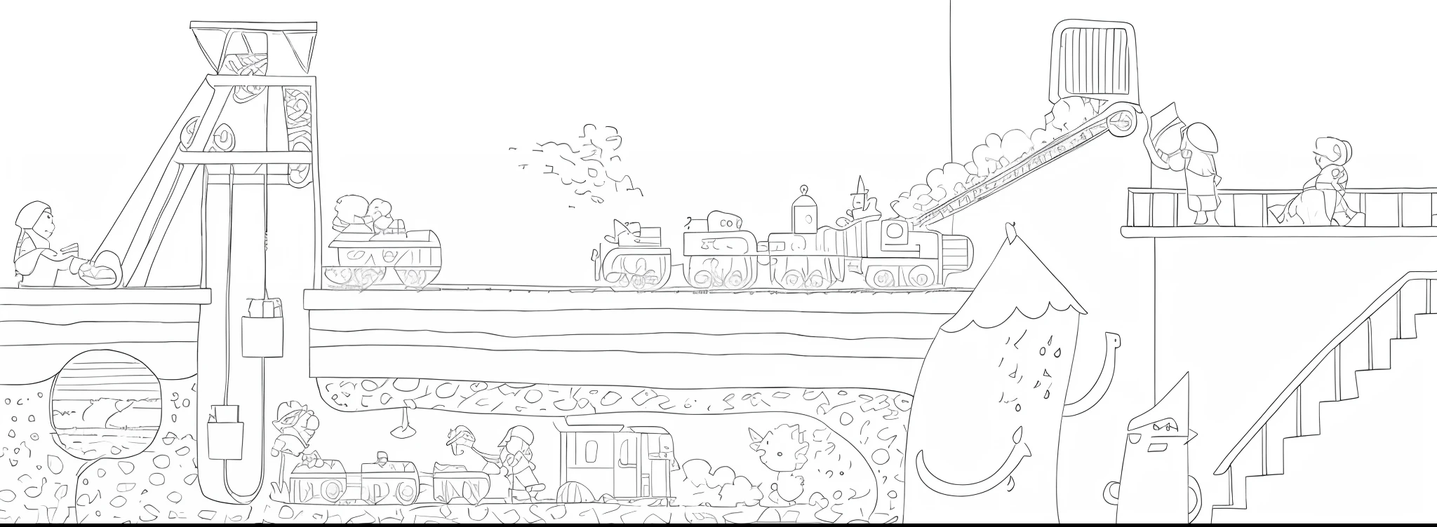 Cartoon train coloring page on tracks, inspired by Mattias Adolfsson, full page illustration, illustration!, full page illustration, Linear illustration, trains in the background, children's book drawing, Inspired by the China Expo Park, Children\'s book drawing, Line art!!, coloring book page, heavy lineart, colouring - in sheet