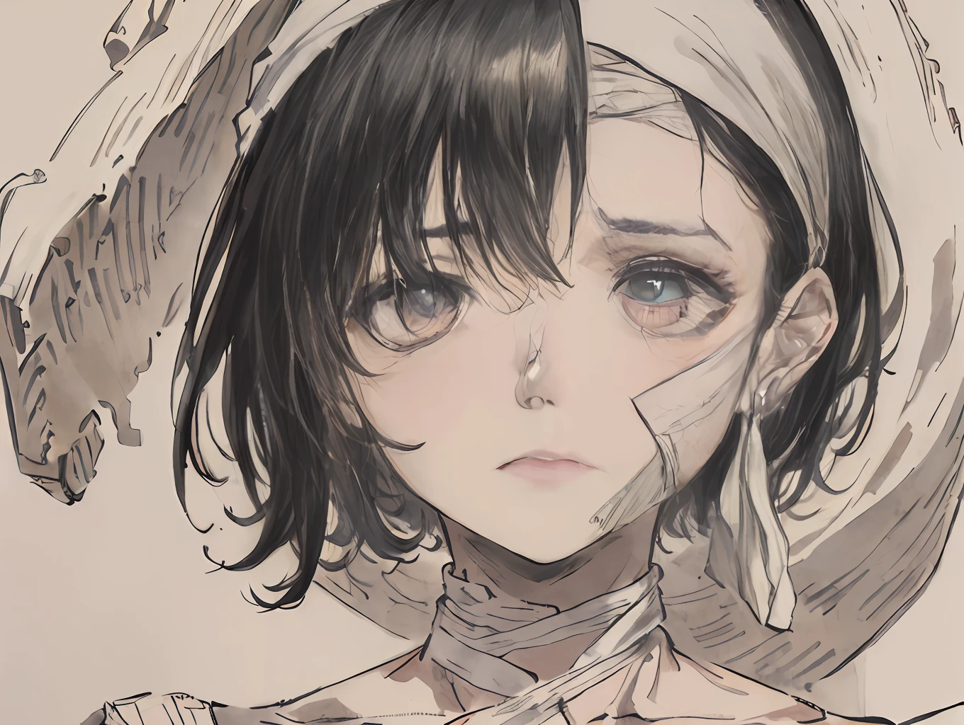 ((​masterpiece))、((top-quality))、((Official art))、8K、very detailed illustration、Black hair、Bob hairstyle、A detailed eye、(Mummy girl with white bandages from head to foot)、Loosely rolled bandage、((Mummified Girl))、Delicate body、((Dark look))、(Depressed look 1.5)、Professional Model Pose、glamor、seminude