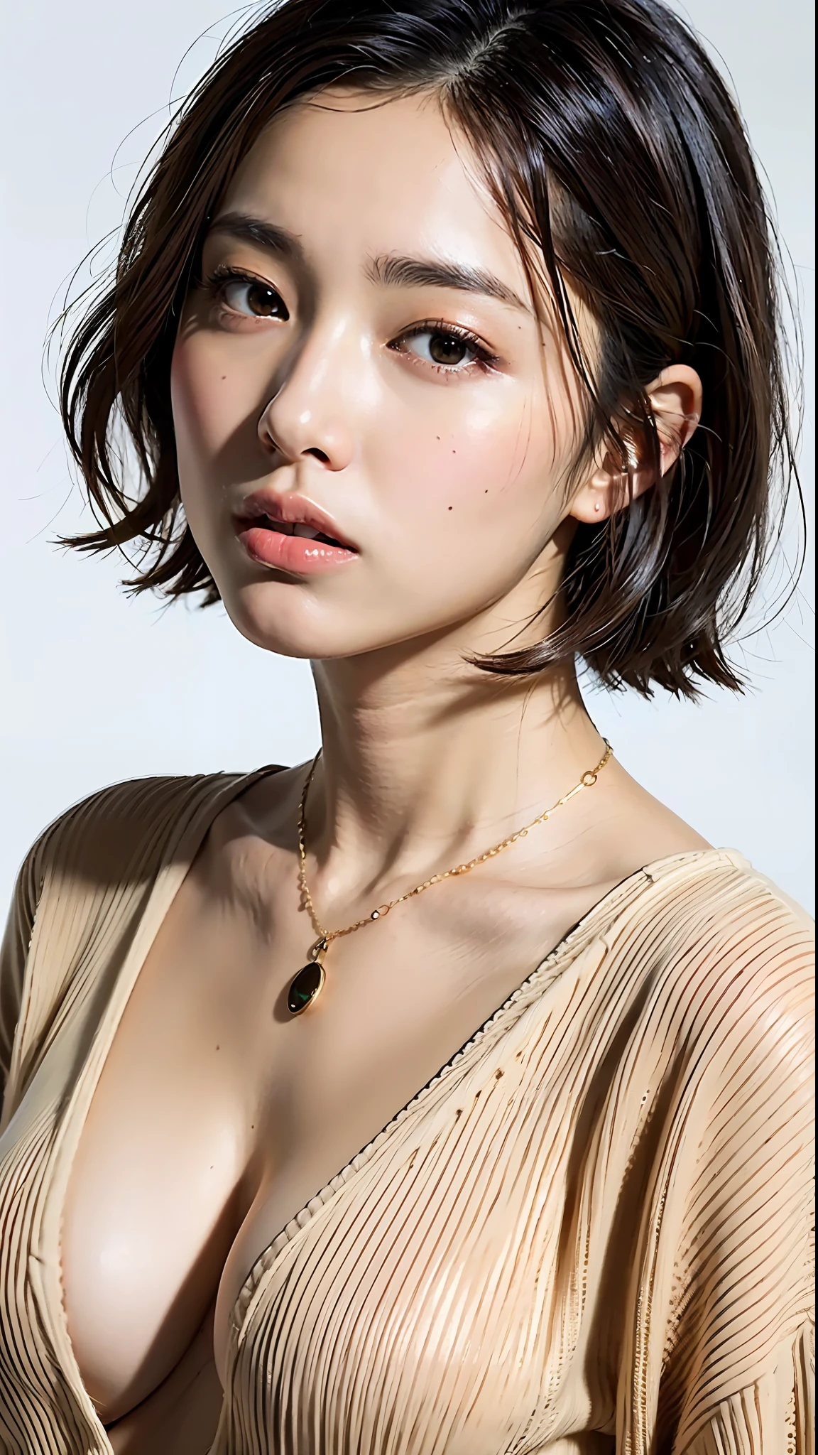 (Best quality, 8k, 32k, Masterpiece, UHD:1.2),Photo of Pretty Japanese woman, large breasts, very short bob hair,upper body,face focus,oversized_sweater, necklace, simple background, from above, looking at viewer,