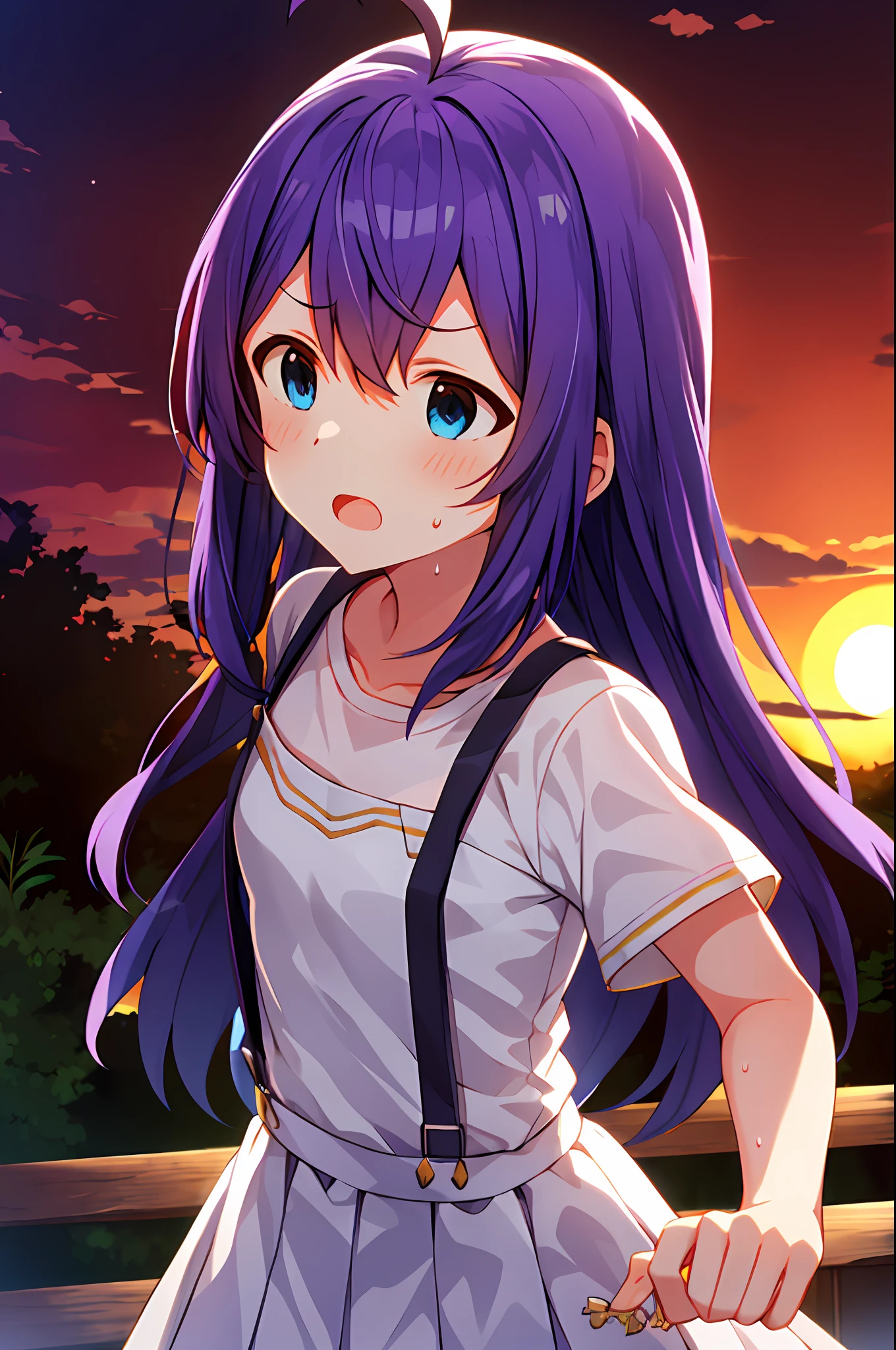 mochizuki anna,1girl in,Solo,Long hair,Purple hair,Medium chest.Ahoge,Blue eyes.Short stature.white t-shirts.suspenders.Skirt.Evening glow.the setting sun.Despair face.Sweat.Opening Mouth.up chest.fighting stance.