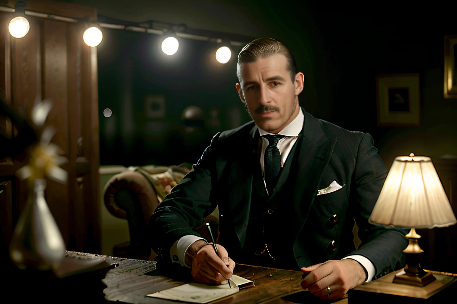 There is a brown-haired man with a brown mustache, de traje sentado en una mesa con una botella de whisky, Disfraces de Peaky Blinders, Anteojeras Peaky, Anteojeras Peaky (2018), Toma de retrato, inspirado por Max Magnus Norman, Retrato a mitad de plano, Retrato disparado 8K