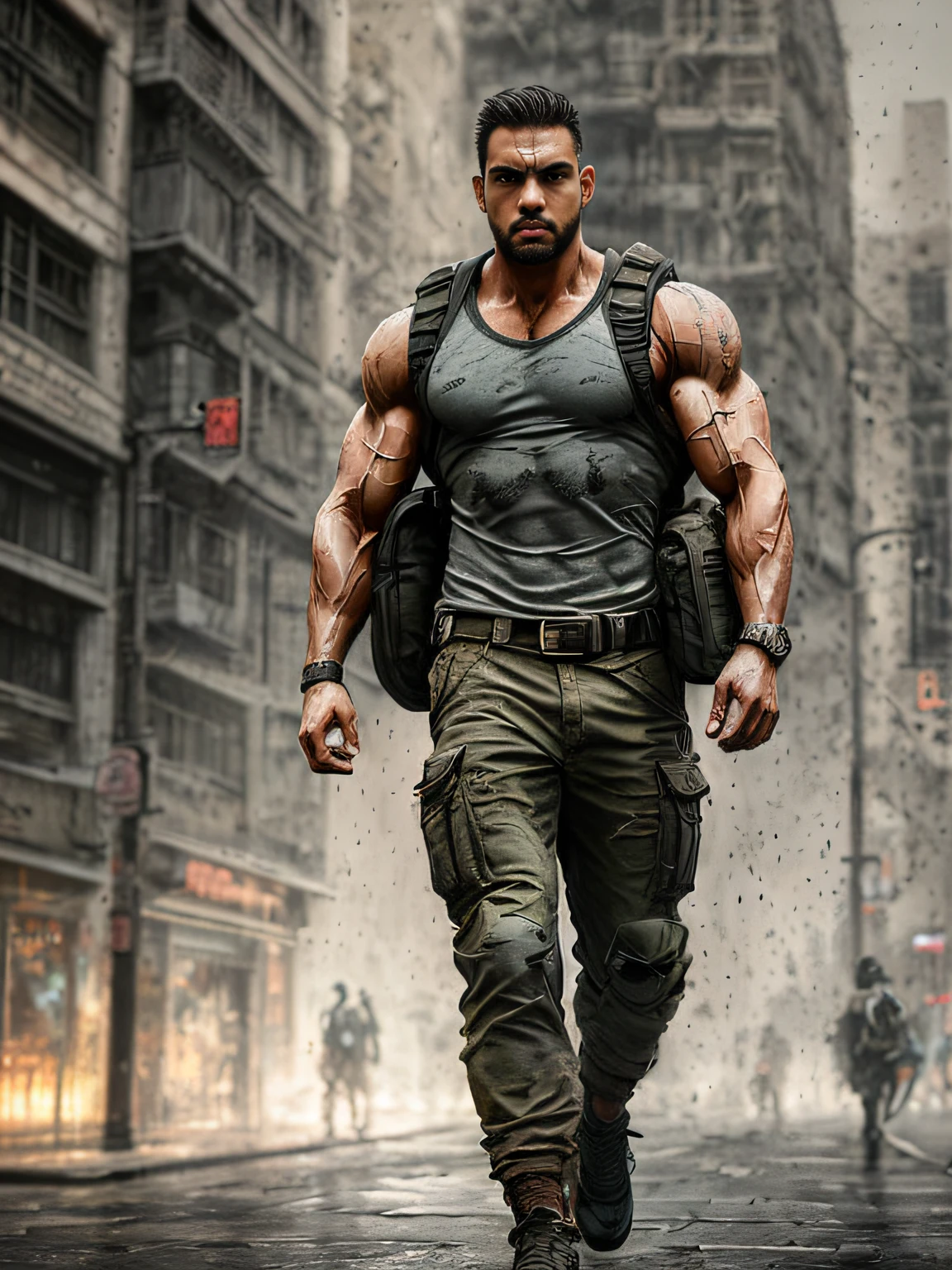 strong muscular man, street angry, backpack, epic realistic, photo, faded, complex stuff around, intricate background, soaking wet, neutral colors, ((((hdr)))), ((((muted colors)))), intricate scene, artstation, intricate details, vignette