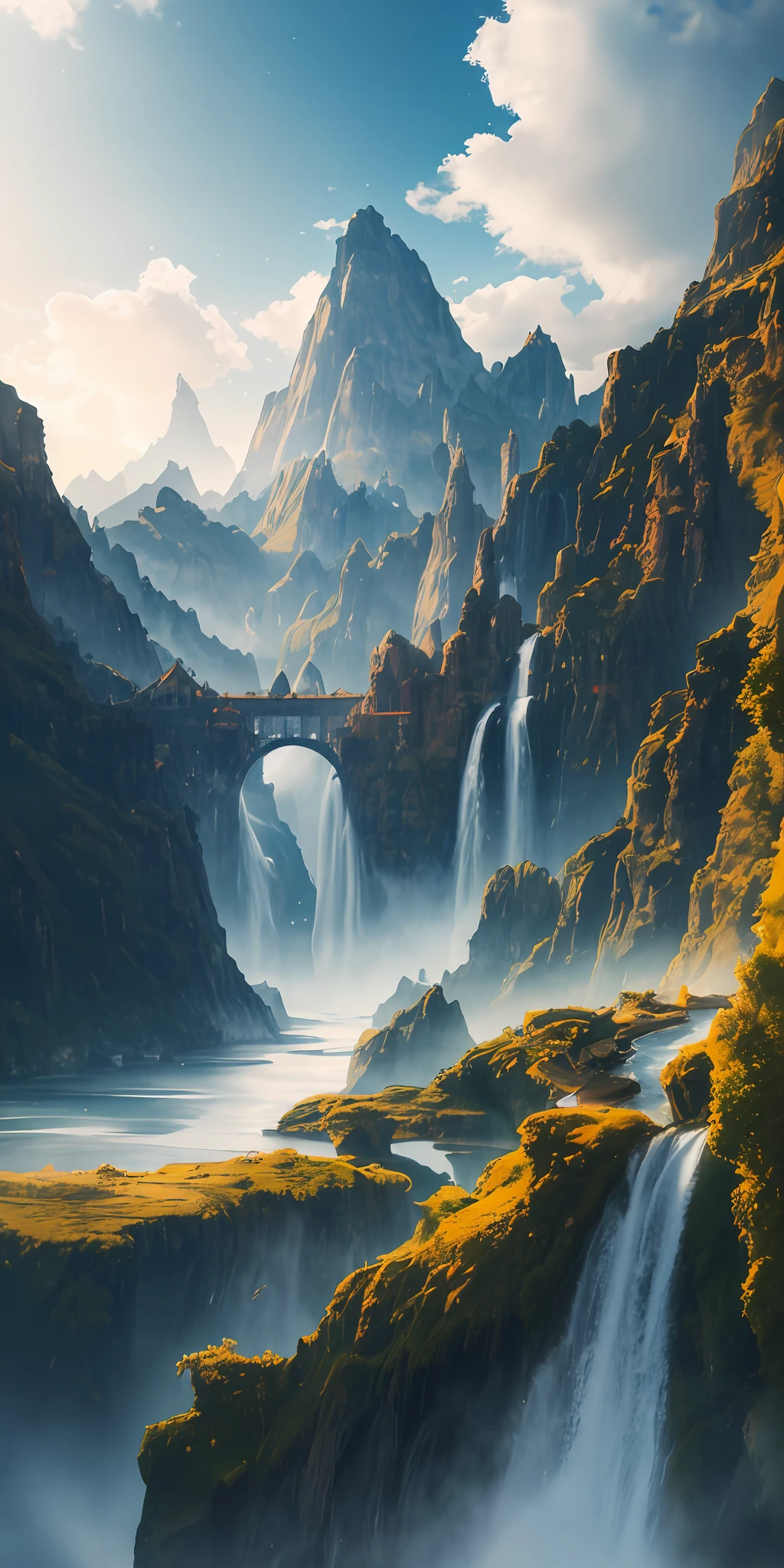 Seaside snowy mountains, waterfalls, canyons