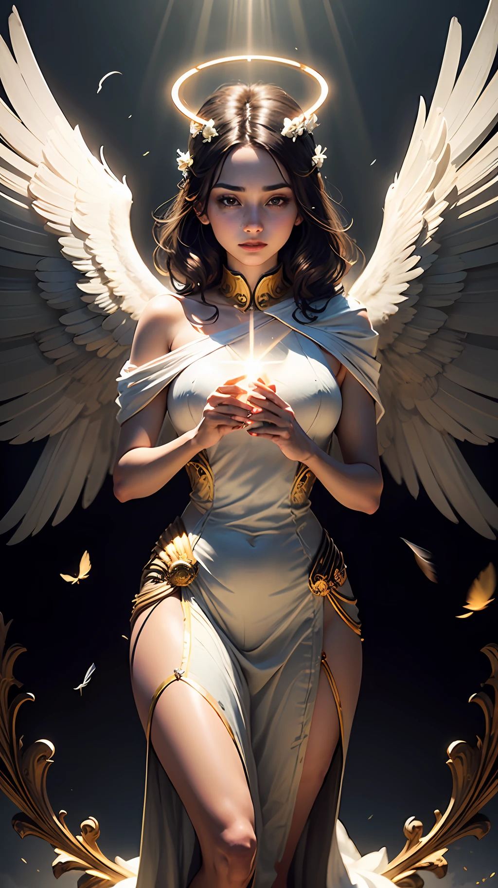 a female angel, with beams of light enveloping her body, her wings one black and one white feathered are open, a golden one (halo:1.2) over her head, holding a scale in her hands, conservatively dressed masterpiece, soft lighting , highly detailed, concept art, (highly detailed background: 1.0) --auto