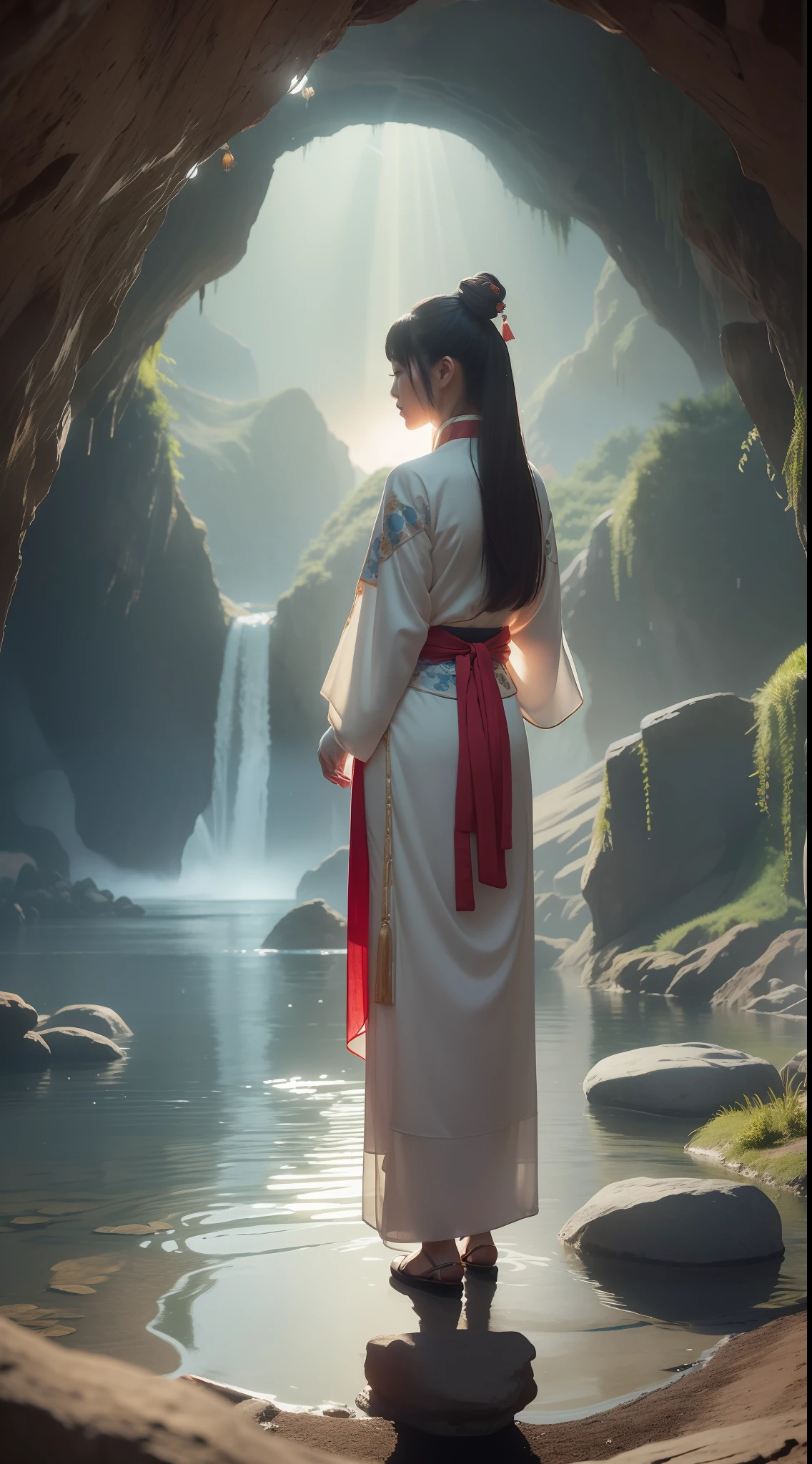 Chinese pretty girl,Beautuful Women,long whitr hair,Chinese Hanfu,Dunhuang costumes,无袖,Buddha light on the head,Streamers,((Huge cave)),((The sinkhole transmits light)),Standing on a stone by the water,Reflection in the water,Mirror reflection,Stones suspended in the air in the background,flying stones,Technologie,The light from the back window is backlighted,Contre-Jour,the night,Panorama Figures,unreal-engine