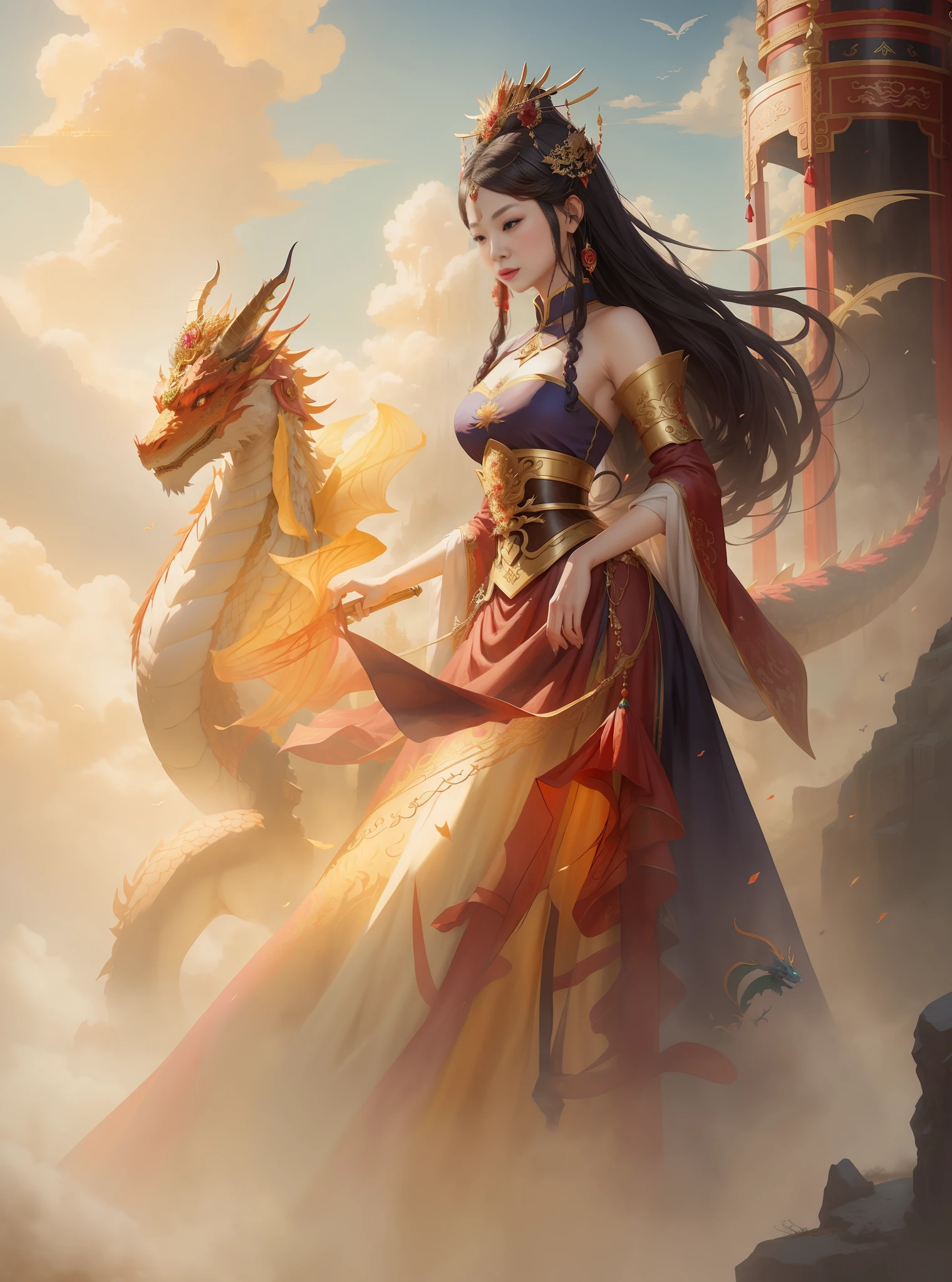 A woman in a long dress,There is a dragon behind him, by Yang J, Beautiful character painting, author:Chen Lin, a beautiful fantasy empress, inspired by Chen Yifei, By Li Song, Artgerm and Ruan Jia, author:Qu Leilei, Chinese fantasy, xianxia fantasy, author:Zhou Fang, Fantasy art style, ((a beautiful fantasy empress))