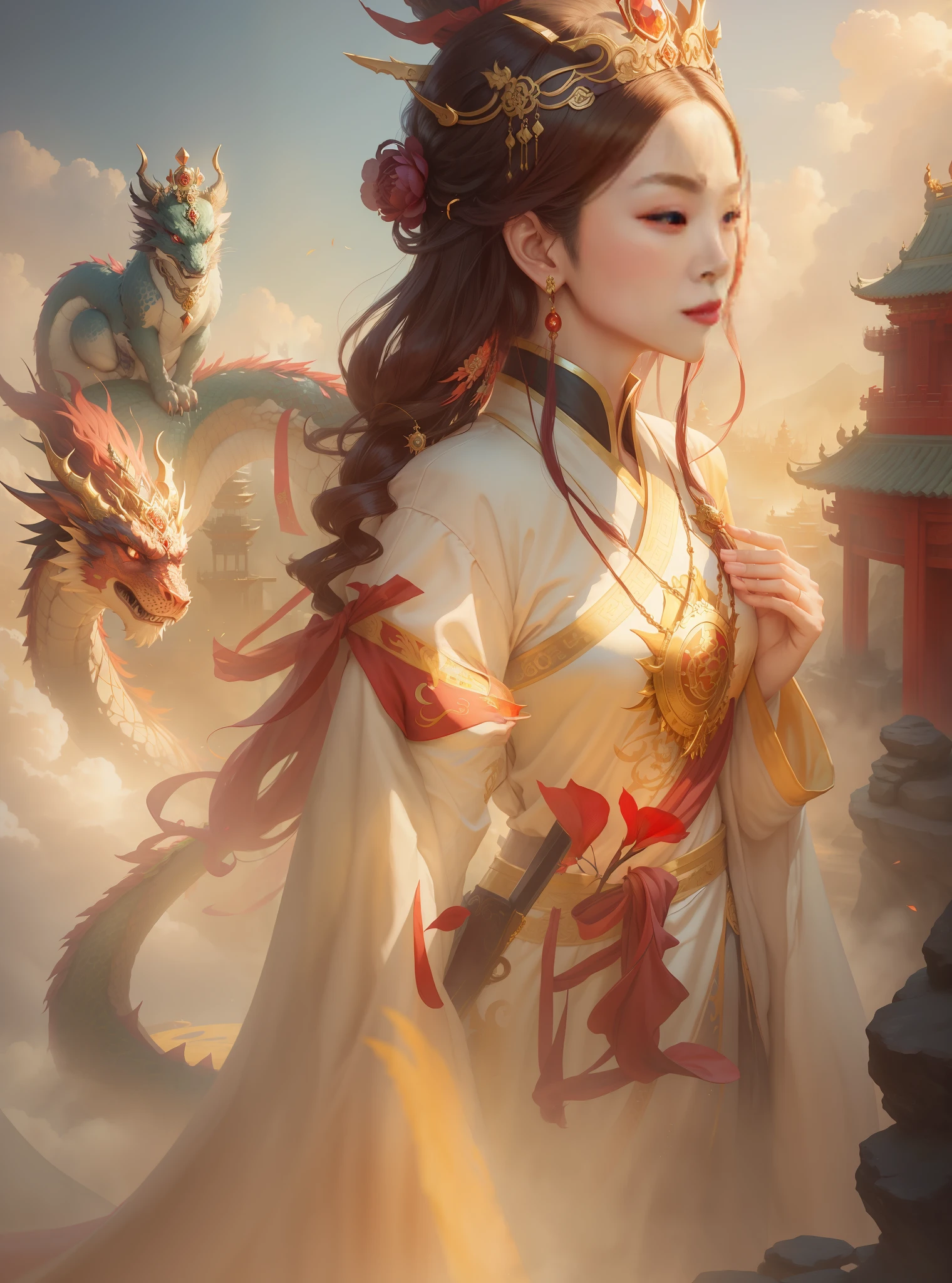 A woman in a long dress,There is a dragon behind him, by Yang J, Beautiful character painting, author:Chen Lin, a beautiful fantasy empress, inspired by Chen Yifei, By Li Song, Artgerm and Ruan Jia, author:Qu Leilei, Chinese fantasy, xianxia fantasy, author:Zhou Fang, Fantasy art style, ((a beautiful fantasy empress))