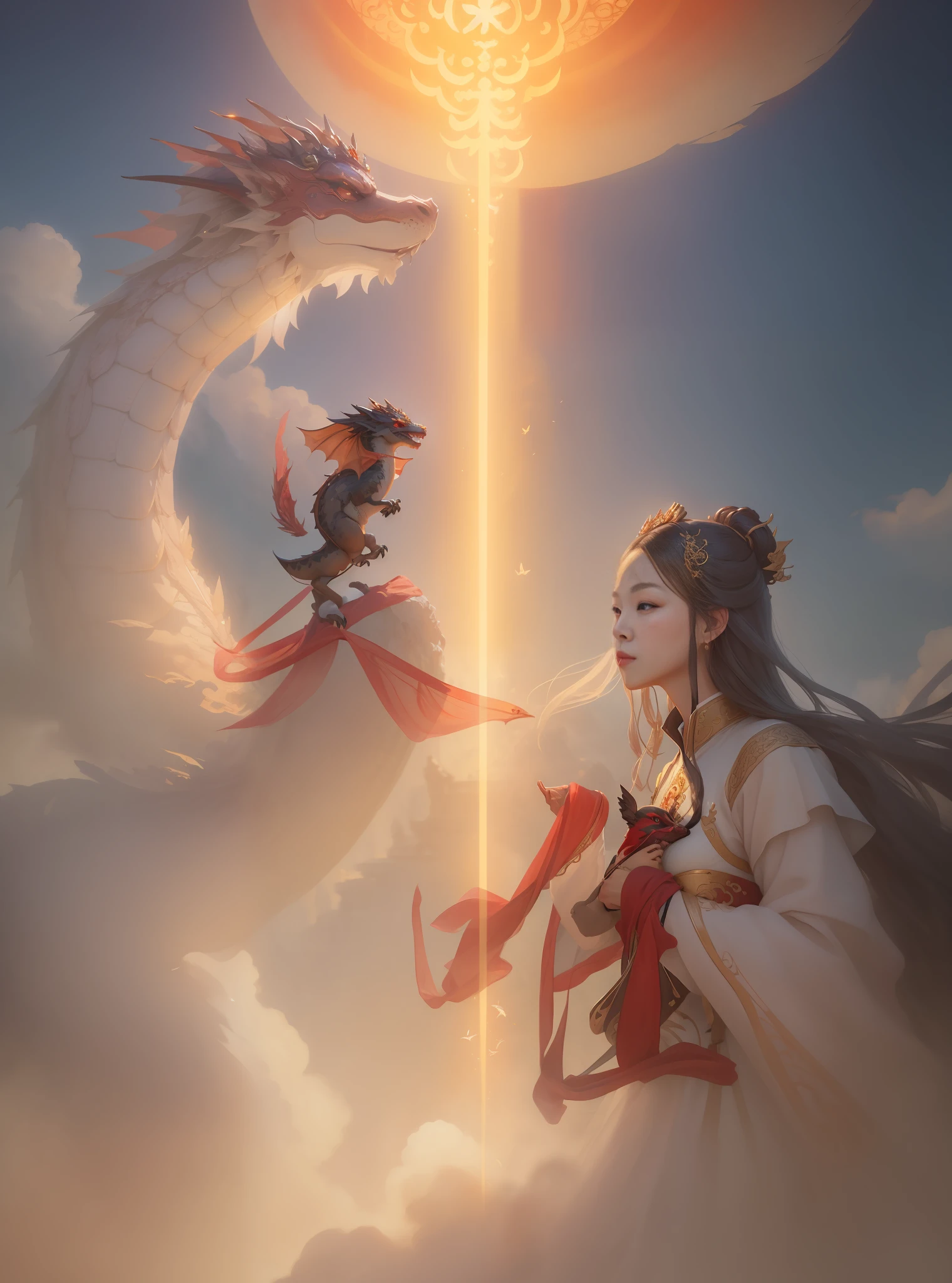 A woman in a long dress，There is a dragon behind him, by Yang J, Beautiful character painting, author：Chen Lin, a beautiful fantasy empress, inspired by Chen Yifei, By Li Song, Artgerm and Ruan Jia, author：Qu Leilei, Chinese fantasy, xianxia fantasy, author：Zhou Fang, Fantasy art style, ((a beautiful fantasy empress))