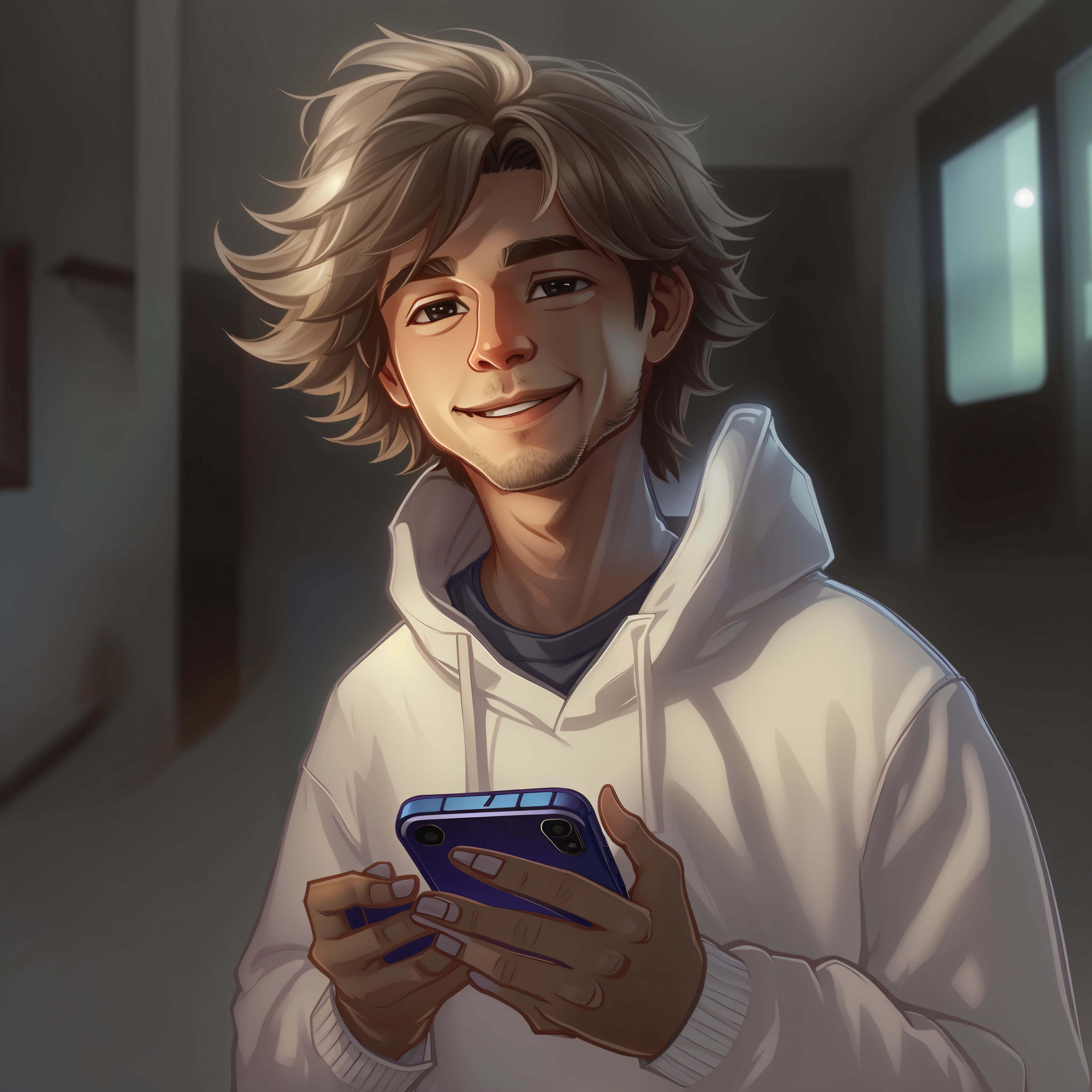 Um garoto com cabelo escuro, de aproximadamente 17 anos, you're holding a phone with the screen facing you. No espelho ao fundo, um reflexo suave do garoto pode ser visto, while his head is slightly tilted and his lips form a small smile. The white sweatshirt is the boy's chosen outfit, and the lighting is soft and welcoming.