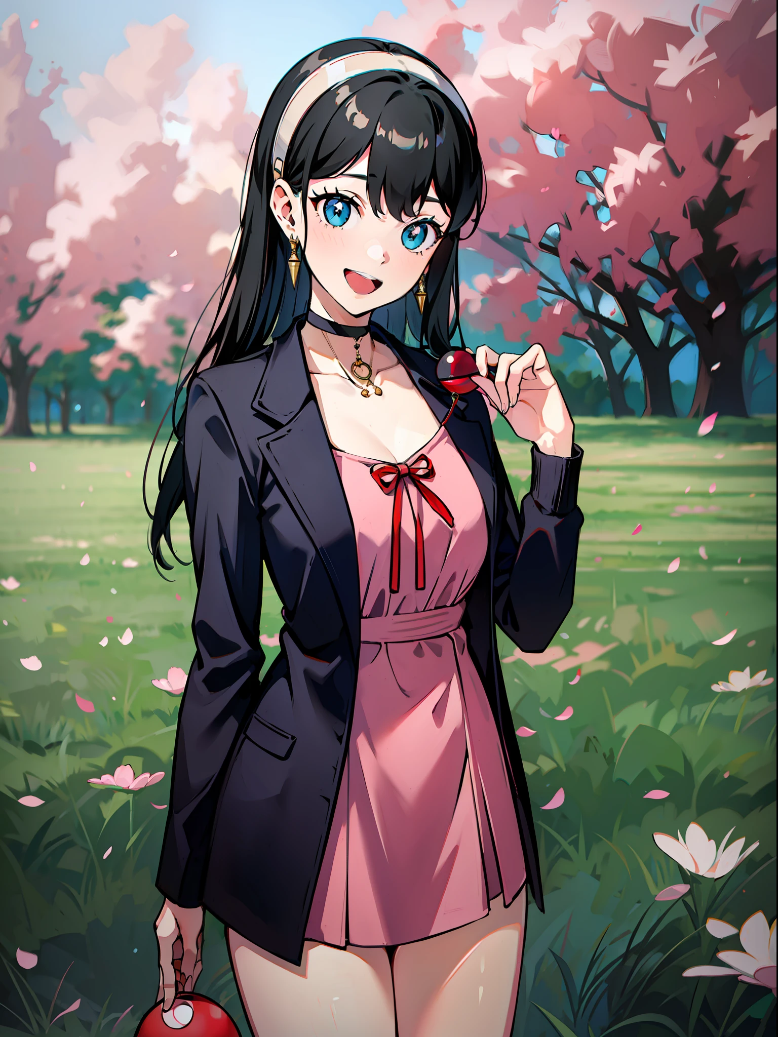 masterpiece, best quality, highres, hmmarnie, aqua eyes, black choker, red ribbon, pink dress, jewelry, black jacket, open clothes, long sleeves, cowboy shot, standing, field, holding poke ball, poke ball \(basic\), smile, open mouth,
