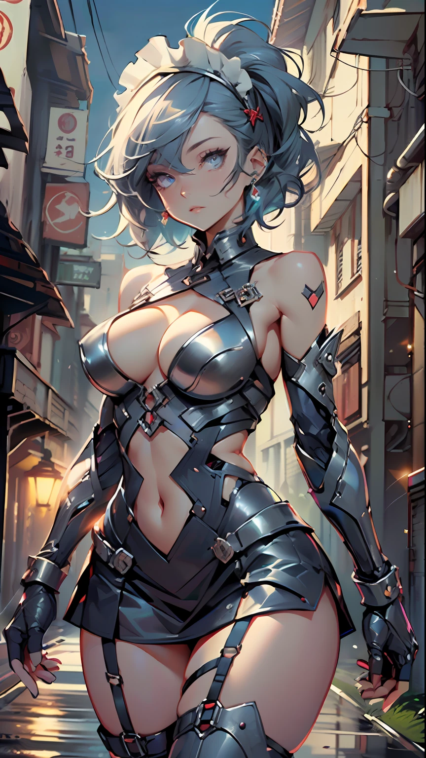 reelmech,
maid android,(1girl:1.3),((anime mechanical robot girl with extremely cute and beautiful pale blue hair hair walking seductively down the street)),
(large breasts:1.4),saggy breasts,(((pale blue bob hair:1.35,colored inner hair,short hair, ear breathing))),(((doll))) ,((pale blue eyes,pale white skin,doll joints,mechanical hands,silver armored dress,tesla coils, maid mechanical doll, Body of a machine,metallic skin, ball joint, no facial features, data in the eyes,)),((blue eyes:1.3,upturned eyes:1.3,perfect eyes,beautiful detailed eyes,gradient eyes:1,finely detailed beautiful eyes:1,symmetrical eyes:1,big highlight on eyes:1.2)),(fat:1.2),(((lustrous skin:1.5,bright skin: 1.5,skin tanned,shiny skin,very shiny skin,shiny body,plastic glitter skin,exaggerated shiny skin))),(spider lower abdomen,narrow waist,wide hip,athletic body,inflated legs,delicate detailed fingers,detailed body,detailed arms,human hands, detailed hands),
cute,slutty,seductive,erotic,nsfw,
(maid headdress), bare_shoulders, delicate metal decorations, Headdress, (maid), sleeveless, miniskirt, boots, cleavage_cutout, bare_legs,(detailed outfit,detailed clothes),
(dynamic pose:1.0),solo focus,embarrassed,centered,scale to fit dimensions,Rule of thirds,
outdoors, ((night view)), (cyberpunk night street Background: 1.5,dark sky,alleyway,lonely alley,thick clouds, detailed background:1.25),
(best quality), (high resolution), (sharp focus), (ultra detailed), (extremely detailed), (extremely high quality artwork), 8k_wallpaper, (extremely detailed CG 8k),(very fine 8K CG), ((hyper super ultra detailed perfect piece)), flawless, (((masterpiece))), illustration, vibrant colors, (intricate), High contrast, Selective lighting, Double exposure, HDR (High Dynamic Range), Post-processing, Background blur,