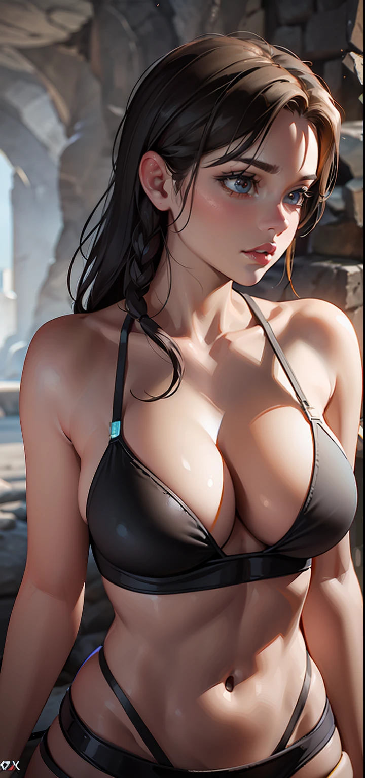 very beautiful detailed Lara Croft in the cave, Fabulously beautiful crystals, overdetalization, Unbelievable lighting, overdetalization, 8K, Unreal Engine 5, 3d визуализация, parallax, RTX, tmasterpiece, luminous minerals,
