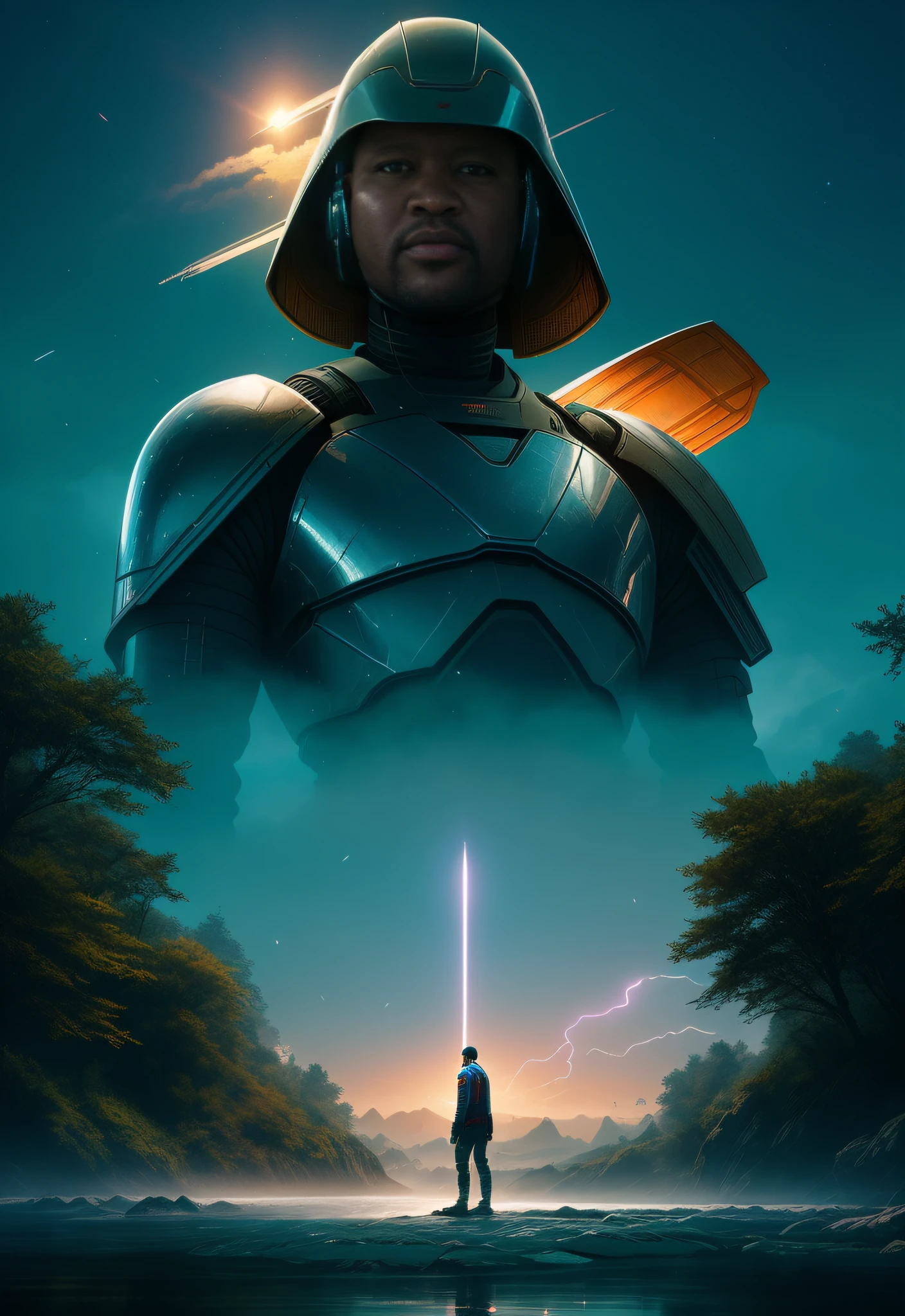 arafed image of a man in armor standing in a river, beautiful cinematic poster, alena aenami and android jones, beeple and jean giraud, cinematic beeple, in style of beeple, wojtek fus, android jones and rhads, artgem and beeple masterpiece, beeple and tim hildebrandt