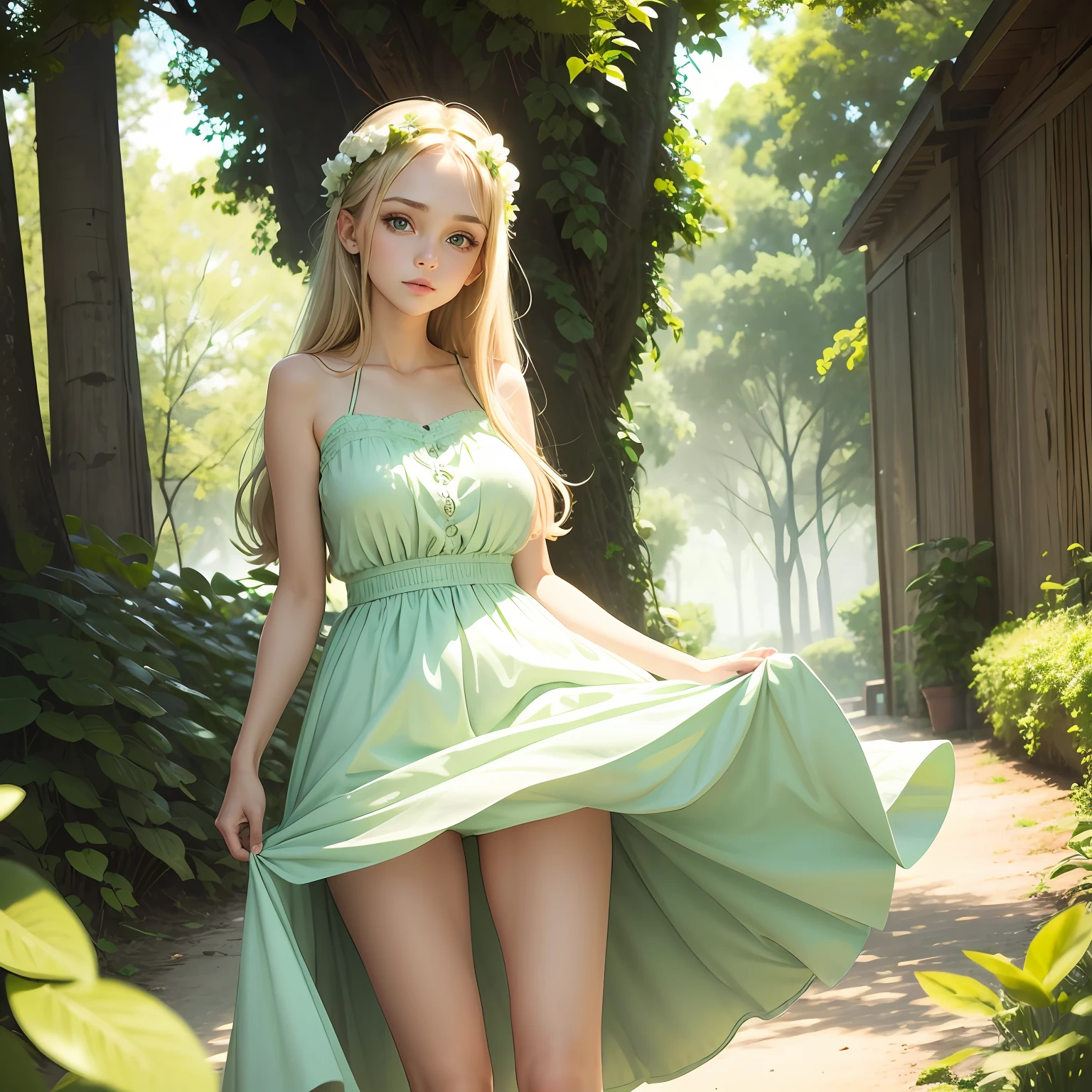 solid color backdrop,Soft green background,Beautuful Women,Clear big eyes,Pure face,Dress in light colors in summer,Long legs,Fair skin,Full body photo --auto
