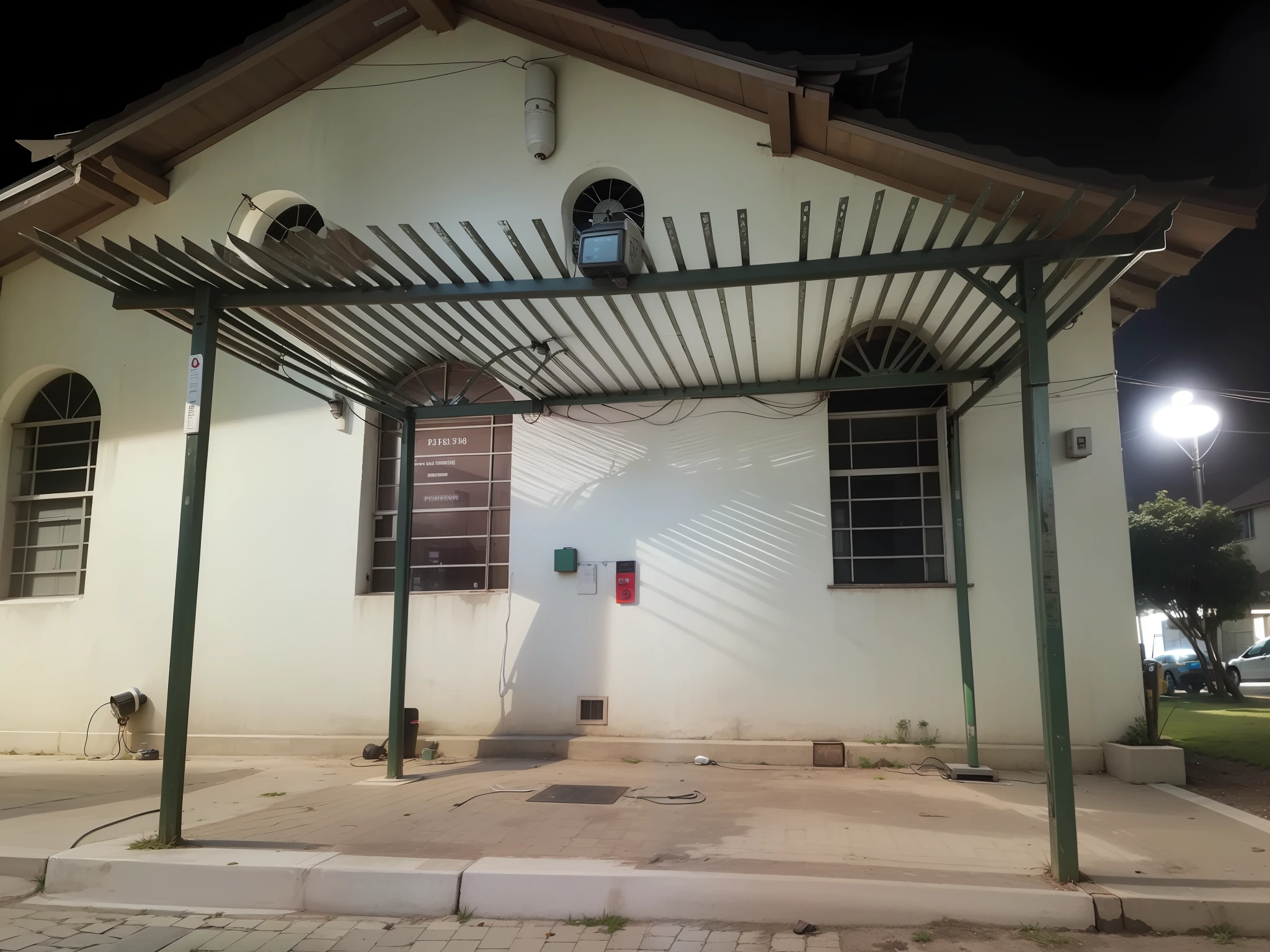 Inserir fios com lampadas amarelas penduradas no pergolado