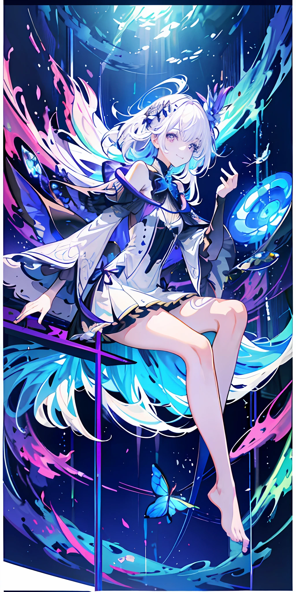 [(Transparent background:1.5)::5],(((Masterpiece))),(((Best quality))),(((Extremely detailed))),illustration, 1girll,Solo,mysterious,vivd colour,Shiny, Underwater transparent sealed hemispherical glass dome, (White hair),(Purple eyes), full body,Barefoot,Long hair is calm and natural, Koi,Underwater, Dome,Close up,Dynamic actions,Lens perspective,(((Box composition))),sitting cross-legged，Leaning against the bookshelf, voluminetric lighting, multi colored eyes, Detailed eyes, ultra - detailed,Light smile, Highly detailed, Beautiful, small detailed, Ultra detailed, Best quality, Intricate, 4K, 8K, trending on artstationh, Good anatomy, Beautiful lighting, Award-winning,