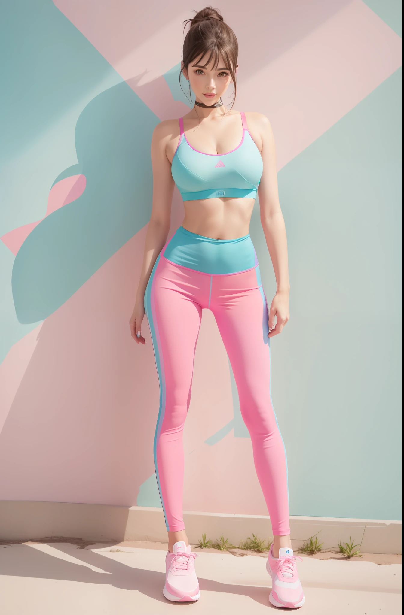 Arad woman in pink bra top and blue leggings standing in front of a pink wall, Pink and blue-green, bubblegum body, Teal and pink, with teal clothes, photo of slim girl model, skinny waist and thick hips, cute sportswear, mais conhecido como Amouranth, In colors hot pink and cyan, amouranth, fit girl