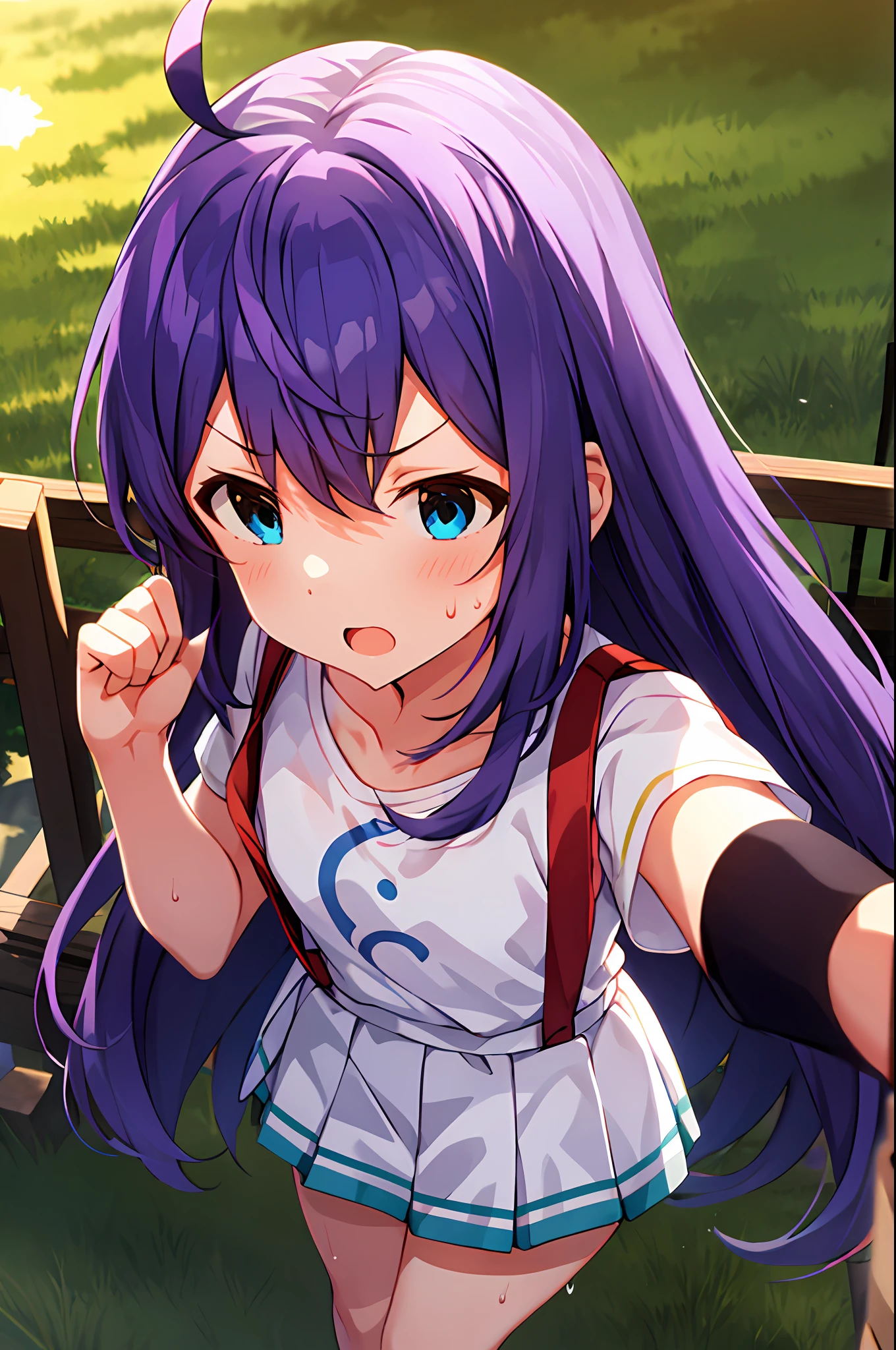 mochizuki anna,1girl in,Solo,Long hair,Purple hair,Medium chest.Ahoge,Blue eyes.Short stature.white t-shirts.suspenders.Skirt.Evening glow.the setting sun.Despair face.Sweat.Opening Mouth.up chest.look from above.fighting stance.
