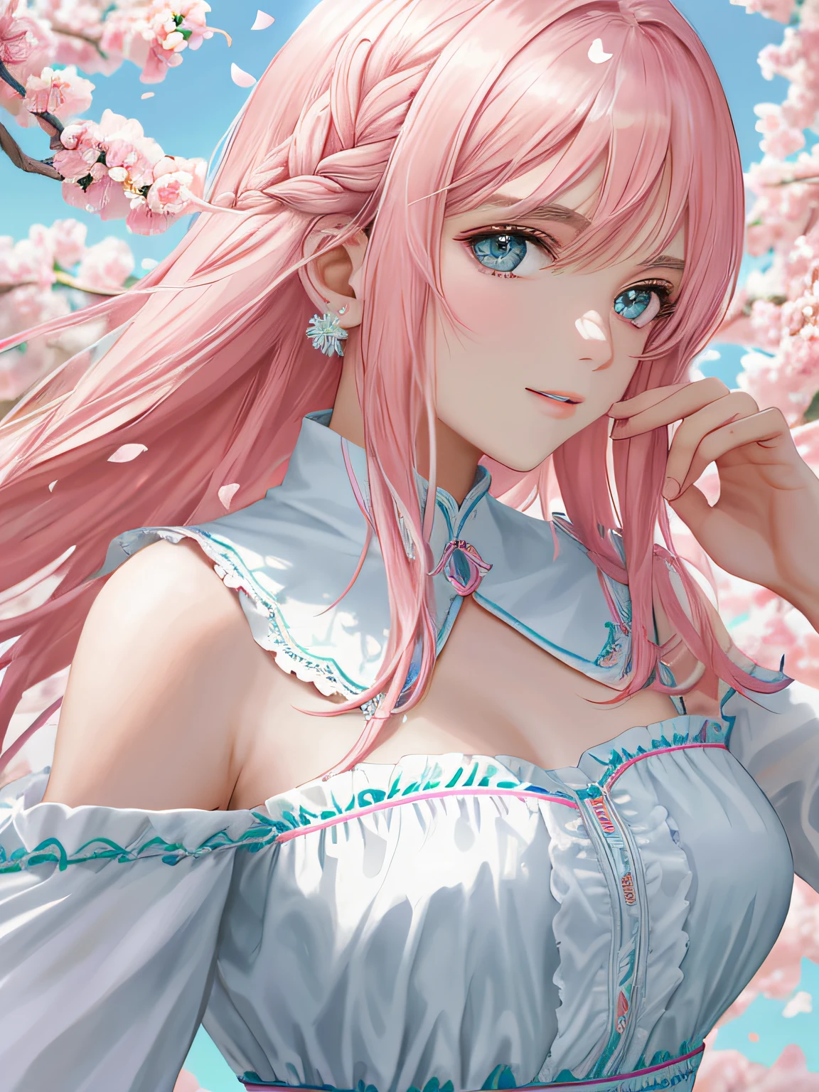 Obra-prima 8K superlativa, mulher anime, Retrato realista do vento frio, Sister, mulher de cabelo longo branco prateado, cabelos longos, light pink lips, franja calma e racional, pupilas cinzentas, fundo da flor, petals dancing, rosto delicado