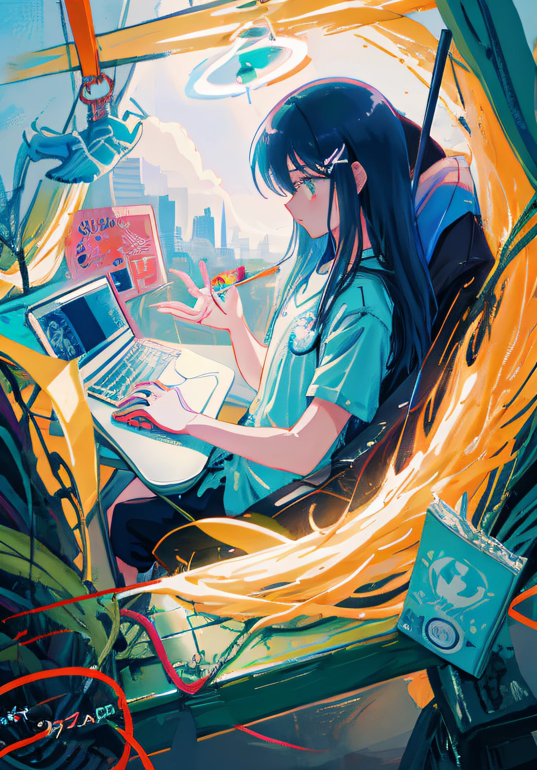 Close-up of cartoon characters,There was a laptop on the table, yen press, An anime cover, Xenomorph, The cover of the game, profile picture 1024px, Cover art, Detailed cover artwork, promo art, Artistic cover, Official artwork, full art, 2d art cover, anime style hyper detailed, epic splash cover art, clip studio paint