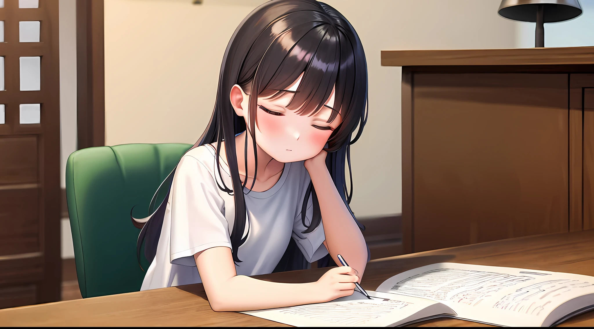 masterpiece, top-quality, hight resolution, a 1 girl, Loose white t-shirt、 Girl sitting on chair studying drafting at desk,、Beautie、cute little、Idol、dozing、Sleeping face down