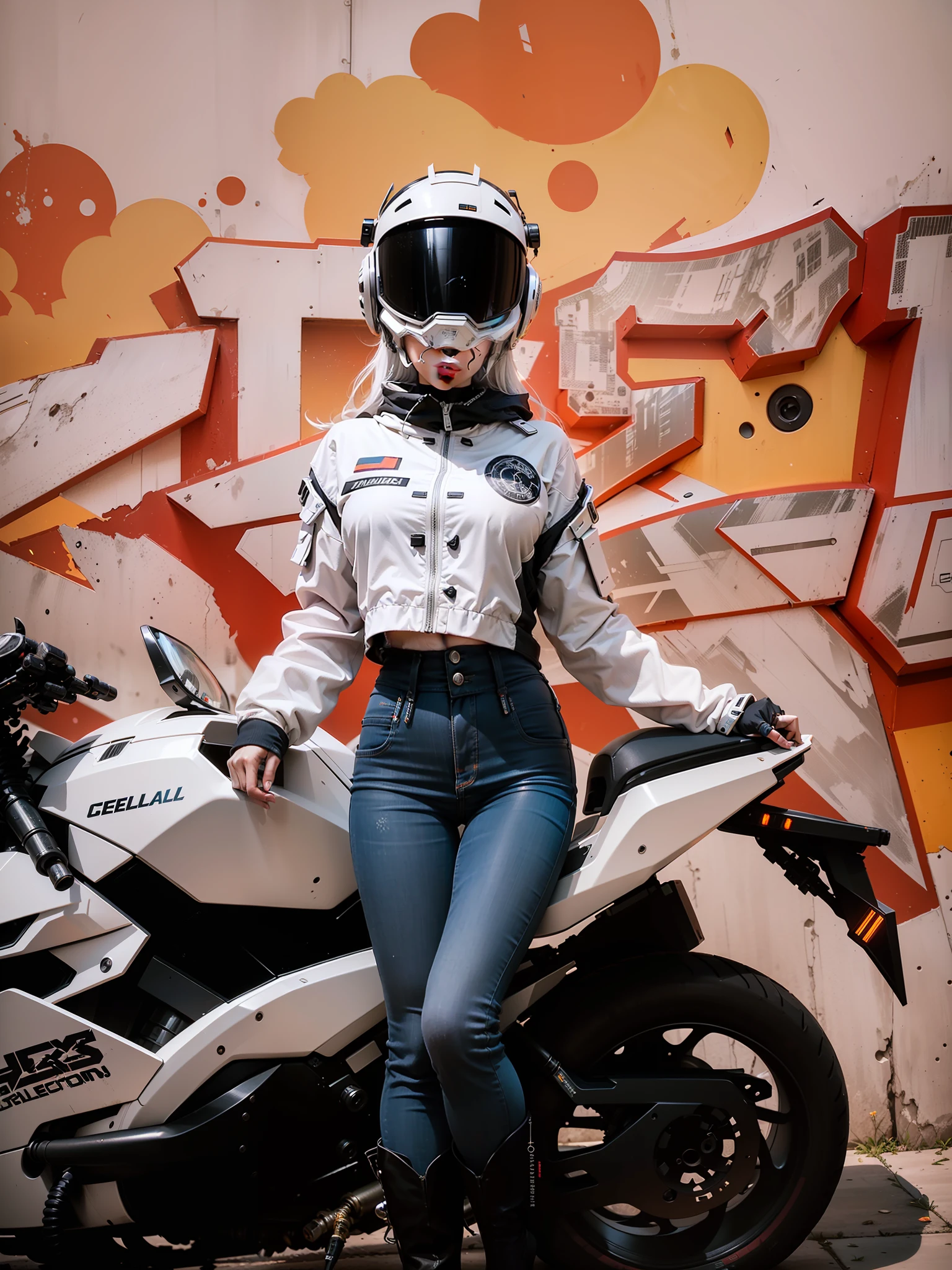 Sexy cyberpunk female warrior,cabellos largos dorados,White cyberpunk high-tech mech costume,White cyberpunk tech helmet,Biomechanicals, MSHN Robot Woman,High-tech helmet,hyper realisitc, Steel, Complex design, insanely details, finely detailled, Extremely clear lines, cinmatic lighting, photograph realistic, A detailed masterpiece