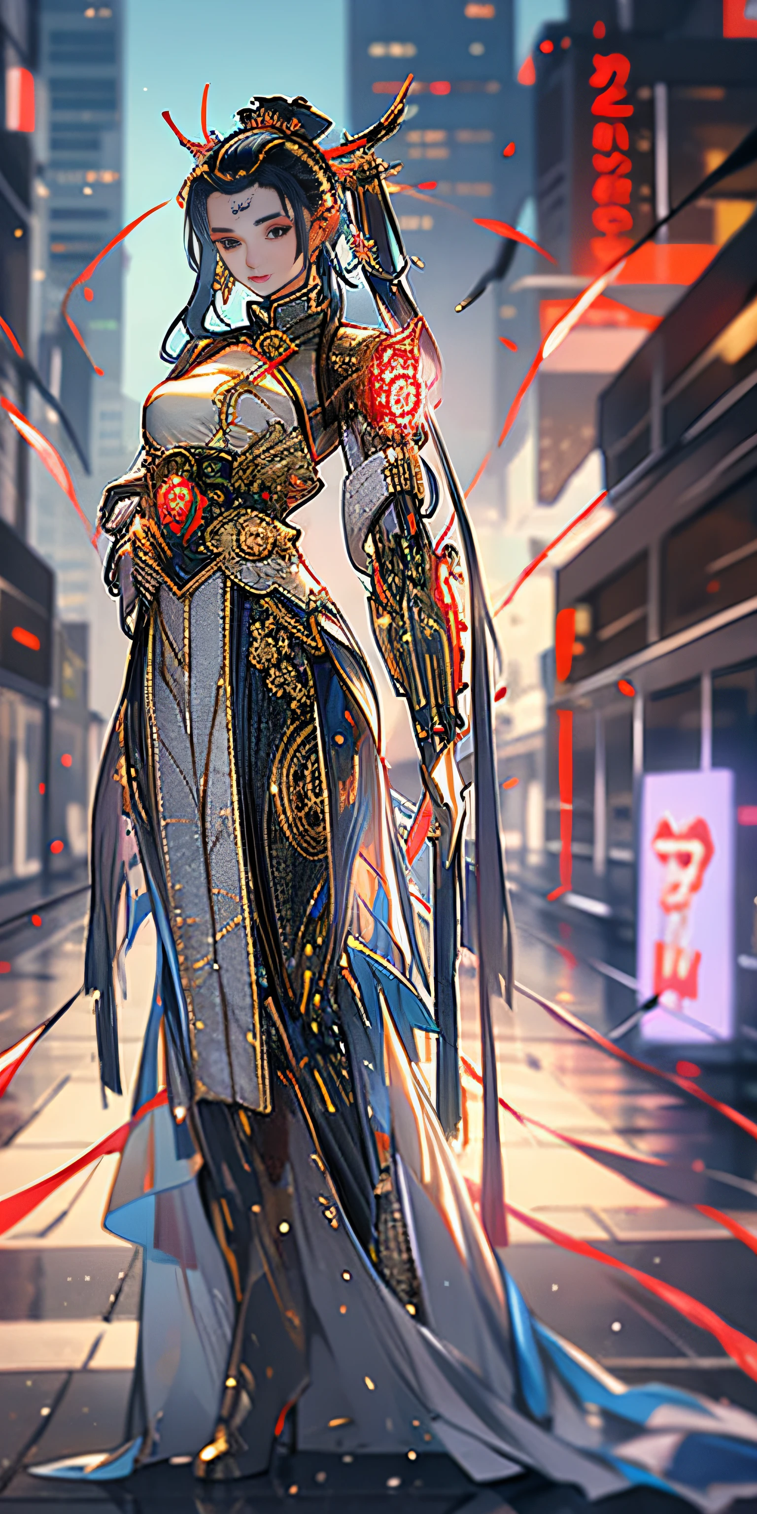 A beautiful girl, full body, gentle eyes, clear facial features, amazing facial features, ancient Chinese costumes, Chinese cyberpunk, cyberpunk city headwear, hair accessories, super complex design, mechanical mecha, technology, stunning lighting, C4D, OC rendering, cinematic edge light, fine light, masterpiece, super detail, epic composition, ultra HD, high quality, 32k