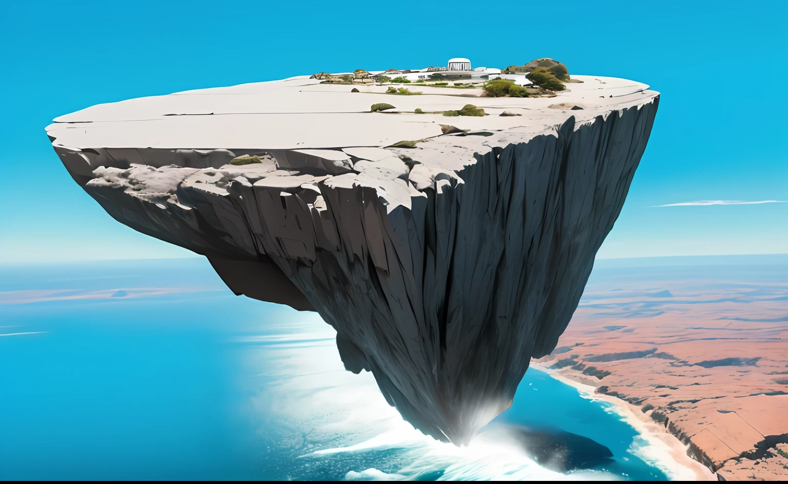 una roca larga flotando en el aire, superficie plana con algunas grietas, superficie arida, vista desde arriba,
