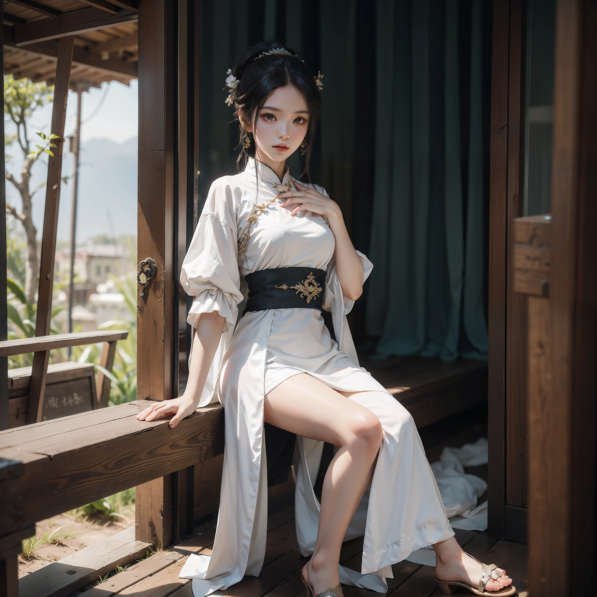 Arakfi woman posing for a photo in a white shirt and blue dress, full-body xianxia, inspired by Leng Mei, sakimichan, trending on cgstation, fantasyoutfit, fantasy style clothing, amouranth, trending at cgstation, jia, From Lineage 2, sakimichan frank franzzeta, White Hanfu delicate face masterpiece 8K