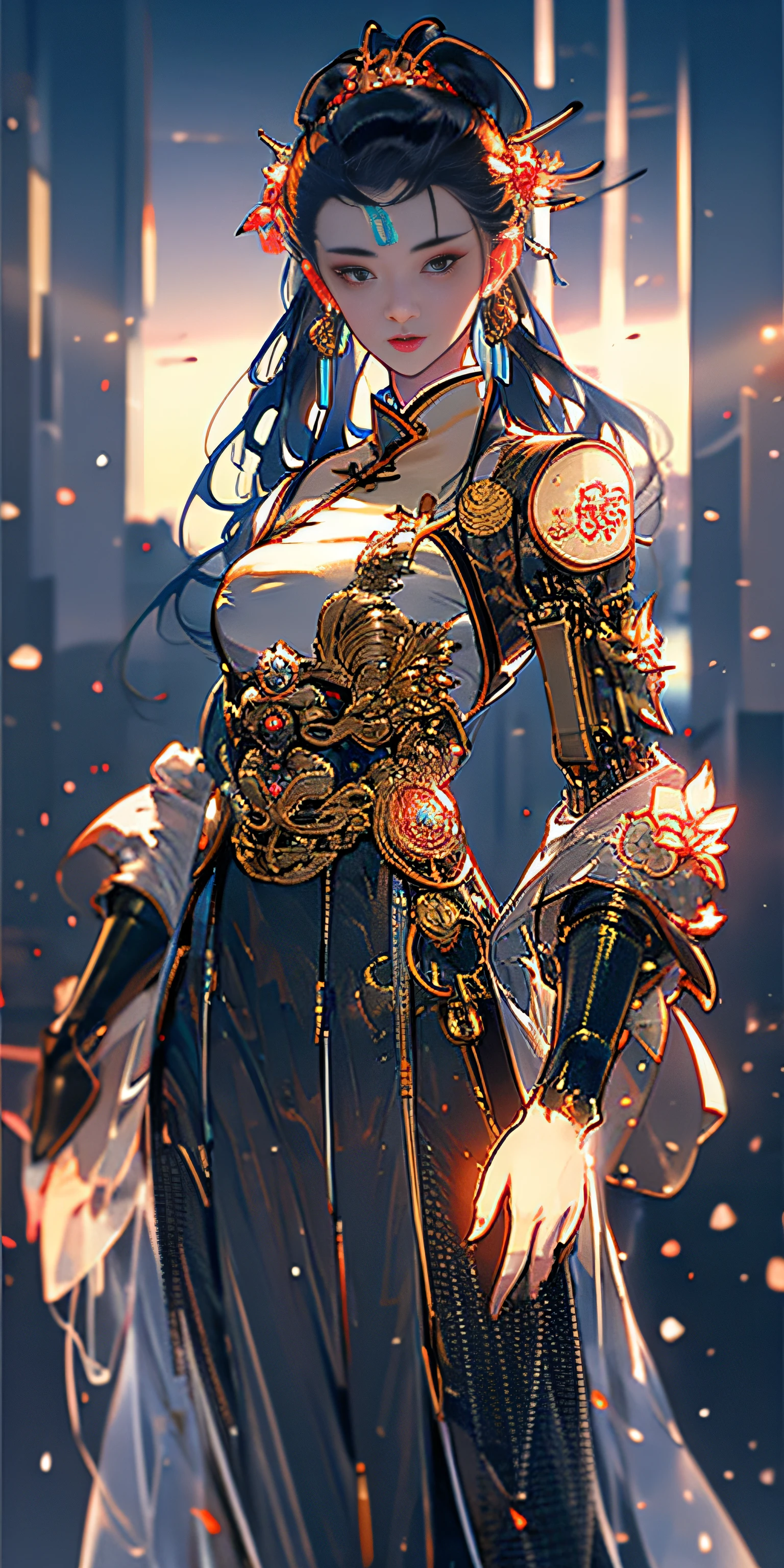 A beautiful girl, full body, gentle eyes, clear facial features, amazing facial features, ancient Chinese costumes, Chinese cyberpunk, cyberpunk city headwear, hair accessories, super complex design, mechanical mecha, technology, stunning lighting, C4D, OC rendering, cinematic edge light, fine light, masterpiece, super detail, epic composition, ultra HD, high quality, 32k