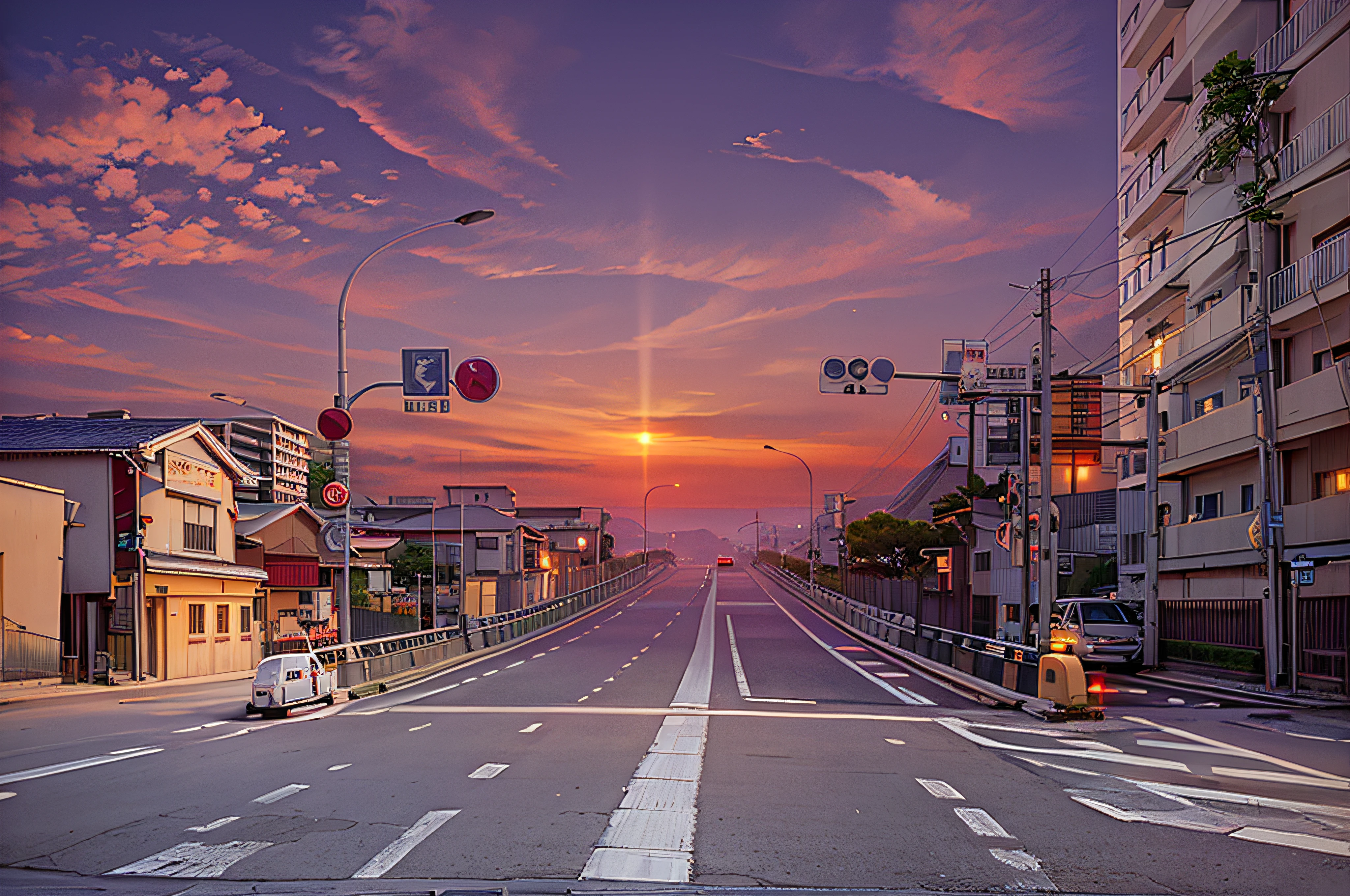 There are streets with red lights and road signs, The empty road in the middle, okinawa japan, photograph of the city street, japanese street, Residential area, tall bridge with city on top, japanese town, sakimichan hdri, japanese rural town, hilly road, single street, road to the sea, Masami Suda