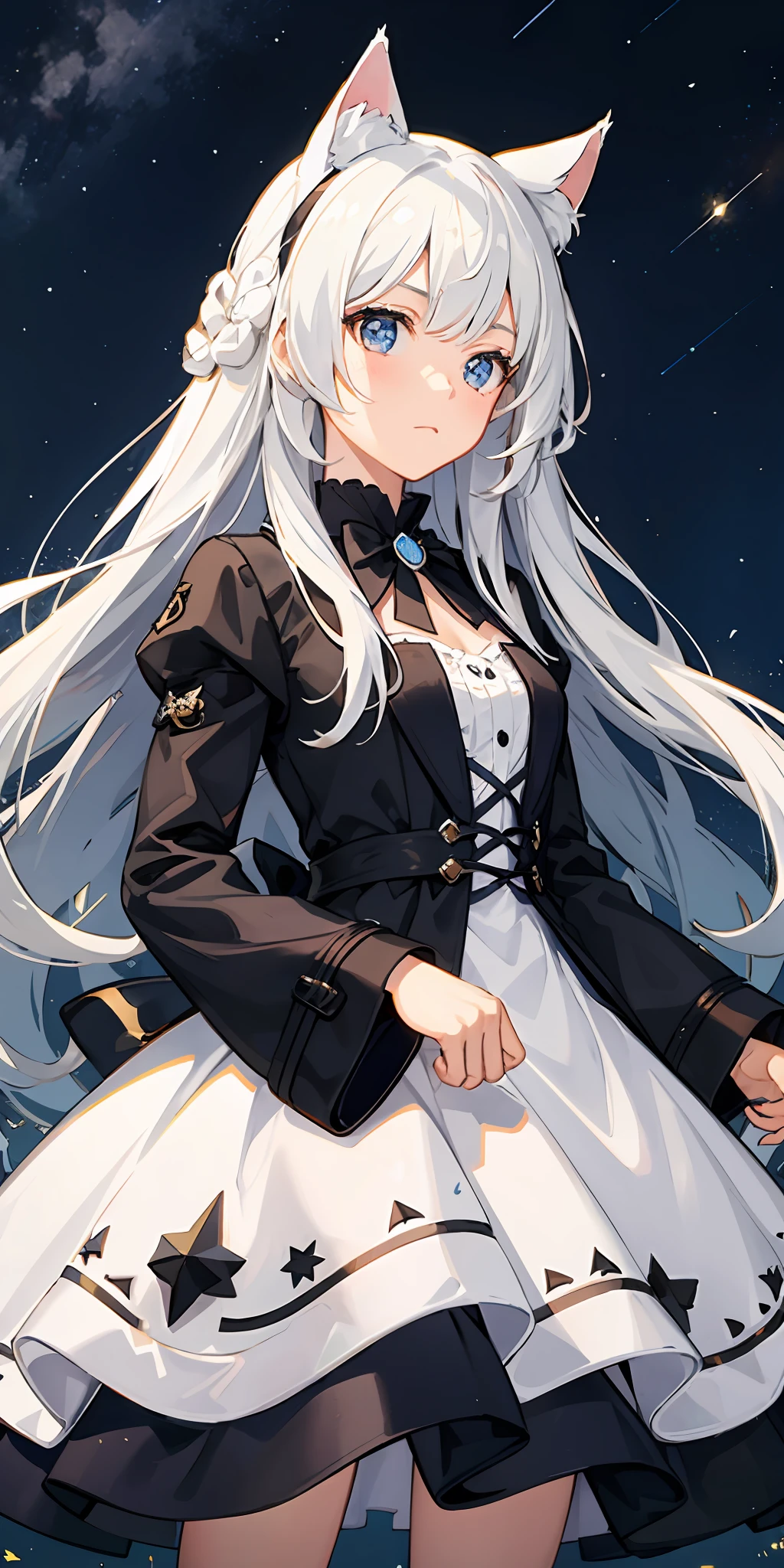 1girl in、White hair、Cat's ears、deadpan、Night town、Particles of light、Look up at the top left、Shining starry sky
