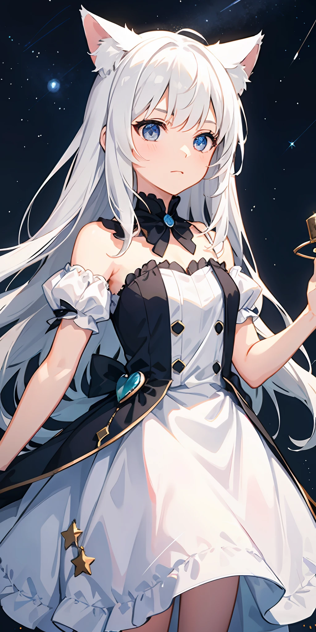 1girl in、White hair、Cat's ears、deadpan、Night town、Particles of light、Look up at the top left、Shining starry sky