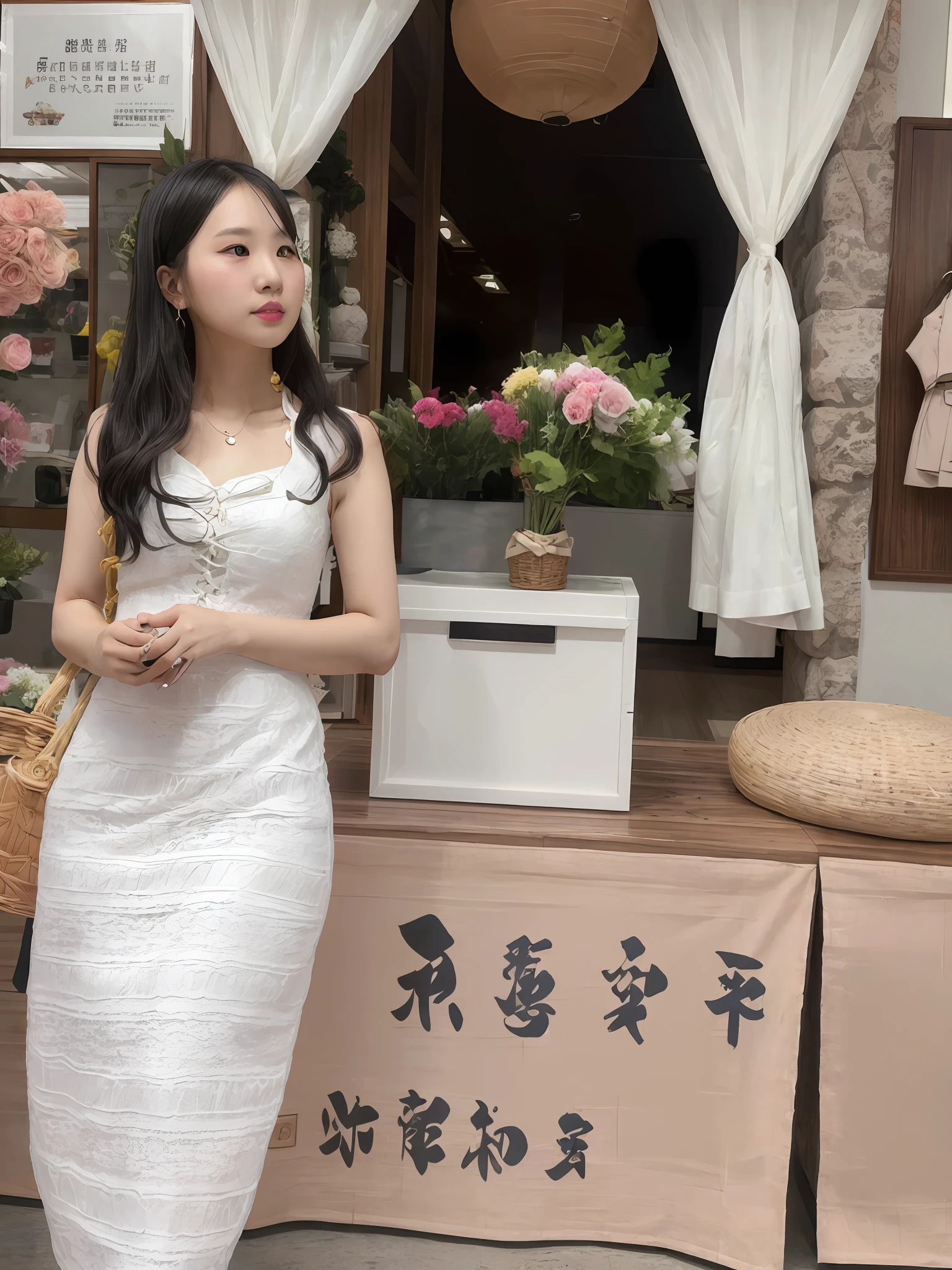 Woman in white dress standing in front of the store,Holding a basket of flowers, 🤬 🤮 💕 🎀, xintong chen, wearing a cute white dress, 2 8 years old, 2 9 years old, Middle metaverse, A young Asian woman, Inspired by Huang Ji, wenfei ye, height of 165cm, Chinese girl