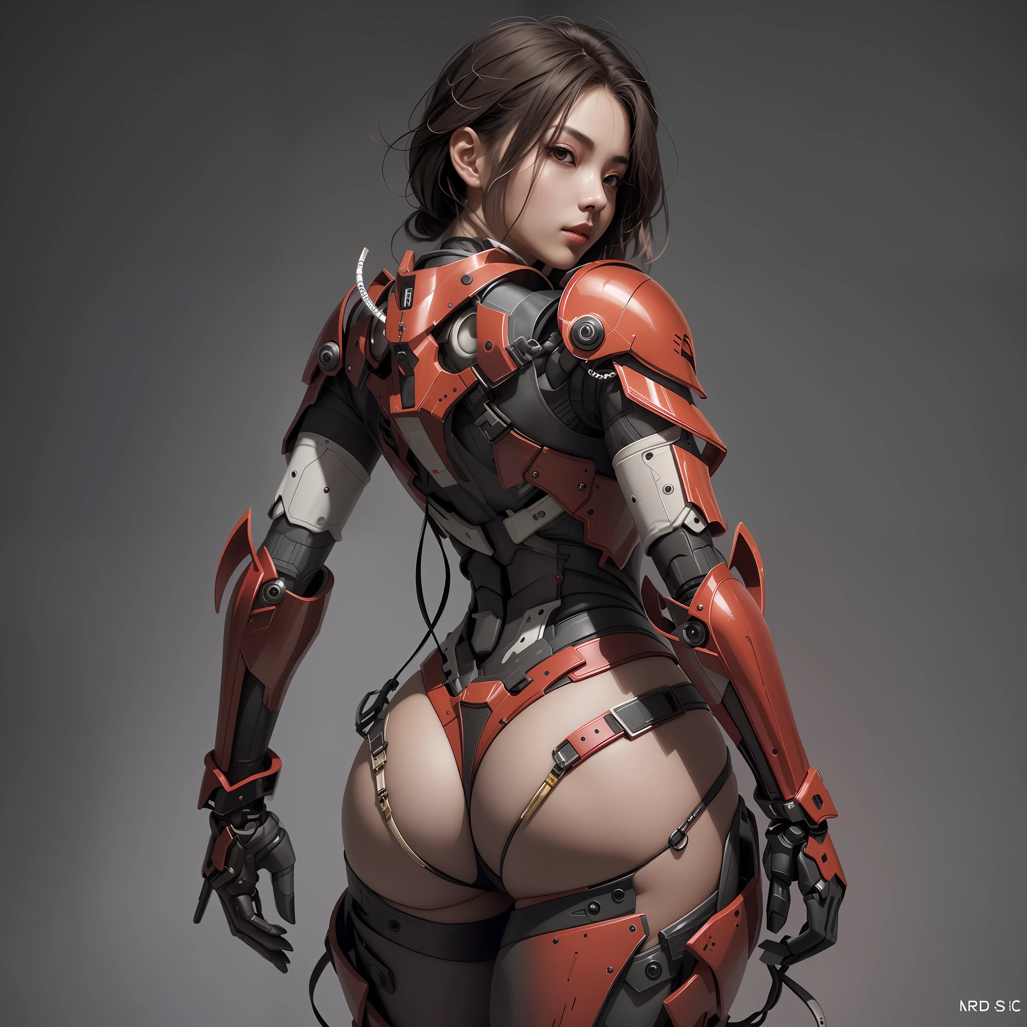 Allard woman in a red and black suit and holding a gun, tithi luadthong, chengwei pan on artstation, CGsociety masterpiece, cgsociety and fenghua zhong, girl in mecha cyber armor, by Russell Dongjun Lu, stunning cgsociety, female mecha, CGCrart - N 5, Trends in CG society,Complete legs。