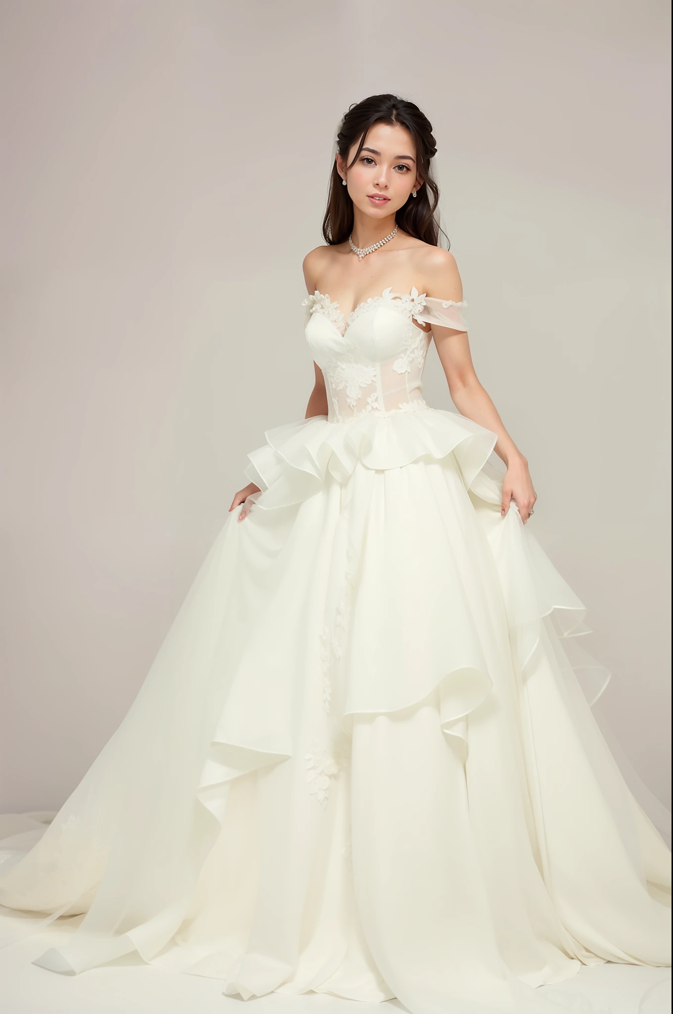 Arad woman in white wedding dress poses for a photo, wearing organza gown, dressed beautiful gown, White gown, Wearing a wedding dress, Wedding dress, wearing long gown, romantic gown, kaftan, white regal gown, flowinggown, beautiful gown, wearing ivory colour dress, Beautiful wedding dress, tulle and lace, with a thin waist