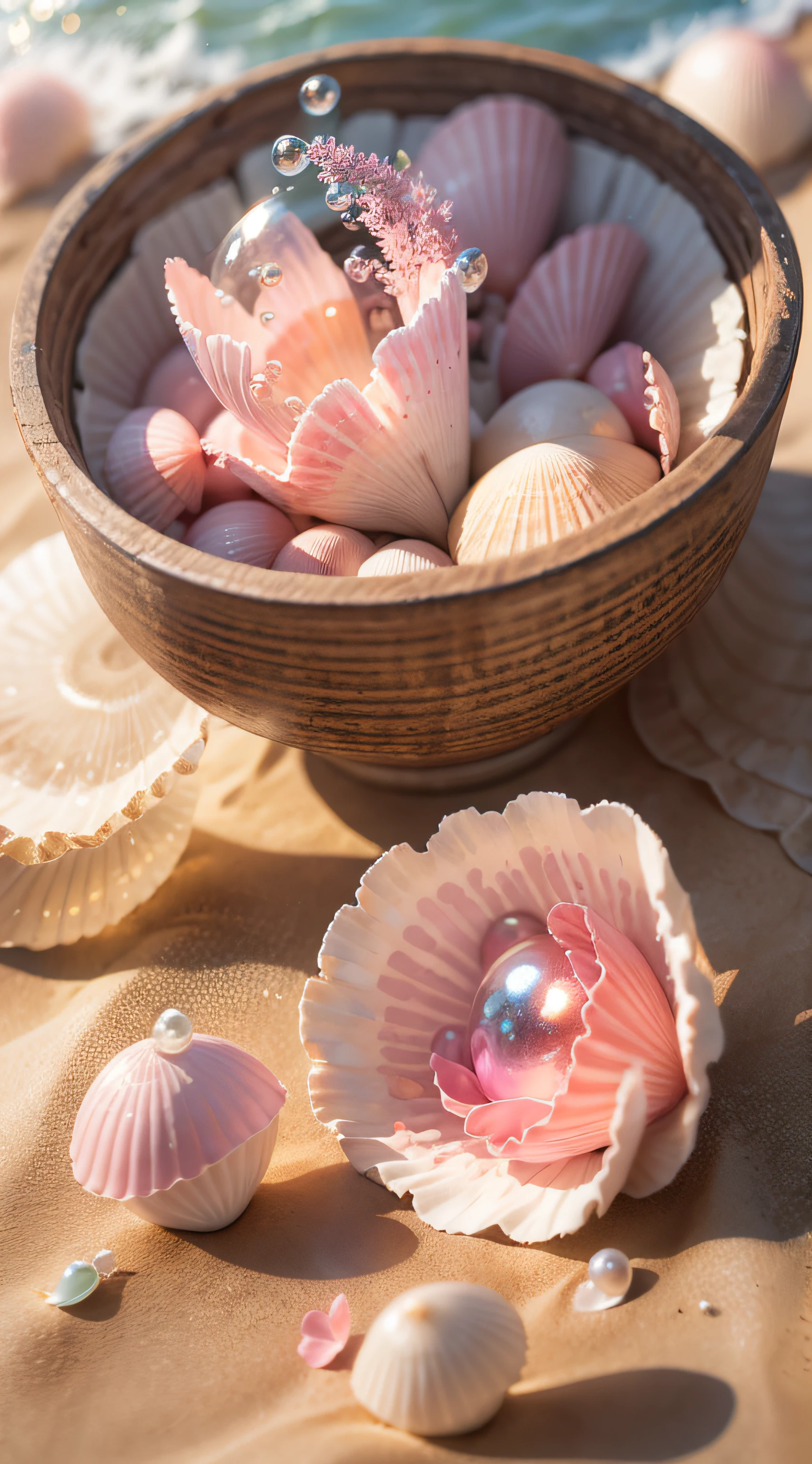 (8k, RAW photo, best quality, masterpiece: 1.2), (realistic, realistic: 1.37) There are many pink shells on the beach, there is water, pearl, pearl and shell, soft spill, pearlization, pink jellyfish everywhere, soft 3D rendering, ethereal bubbles, bubble landscape, Iray shader, soft pink, pink reflection, pearl sky, shells, paradise pink, pastel colors, pink pastels