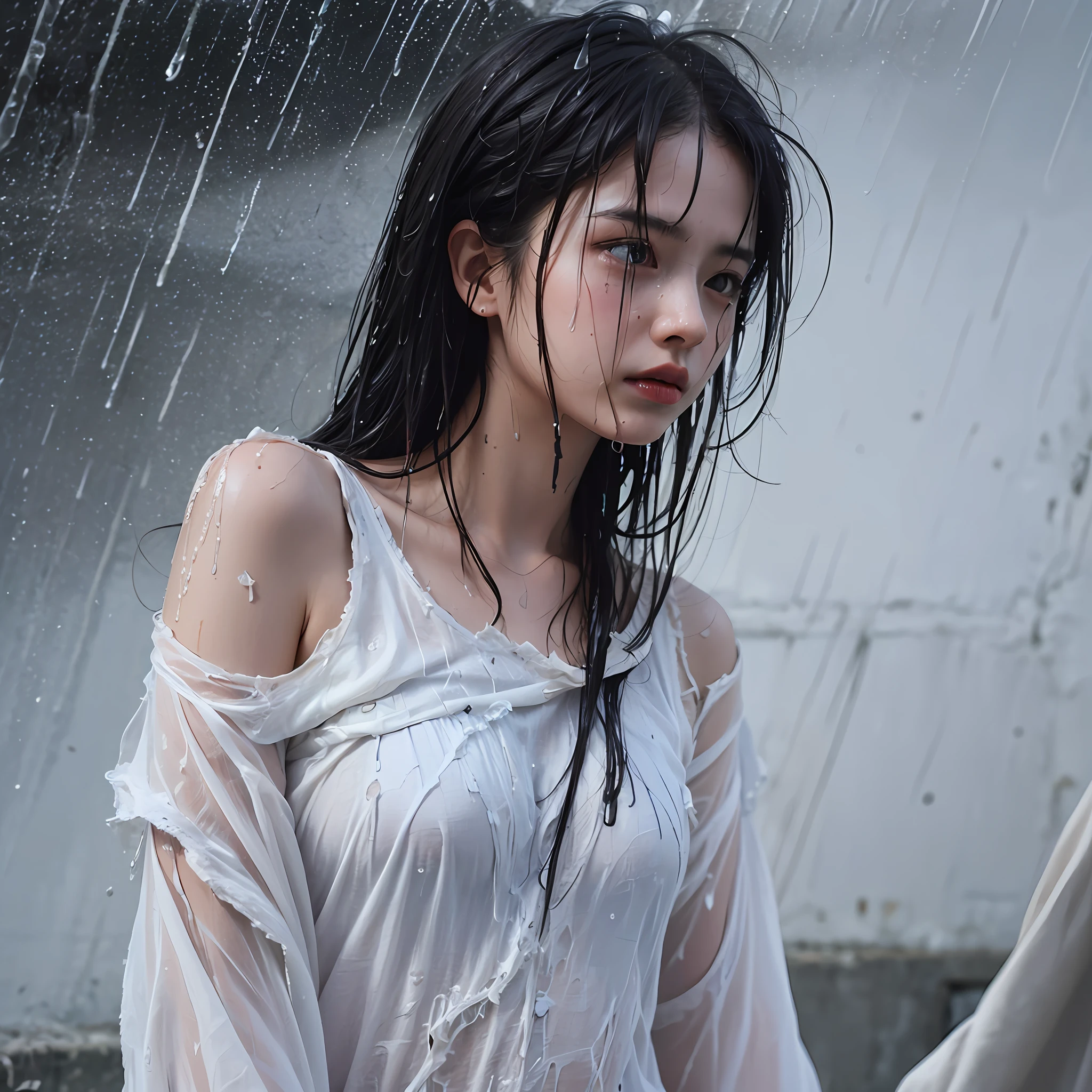 Best picture quality, masterpiece, ultra high resolution, (fidelity :1.4), photo, 1 girl,[(sadness)],white shirt, Dim, dark, desperate, pitying, pitiful, cinematic,tear,teardrop,(Torn clothes:1.5), (Wet clothes:1.4), bare shoulders,Real rain,wet hair,.. --auto
