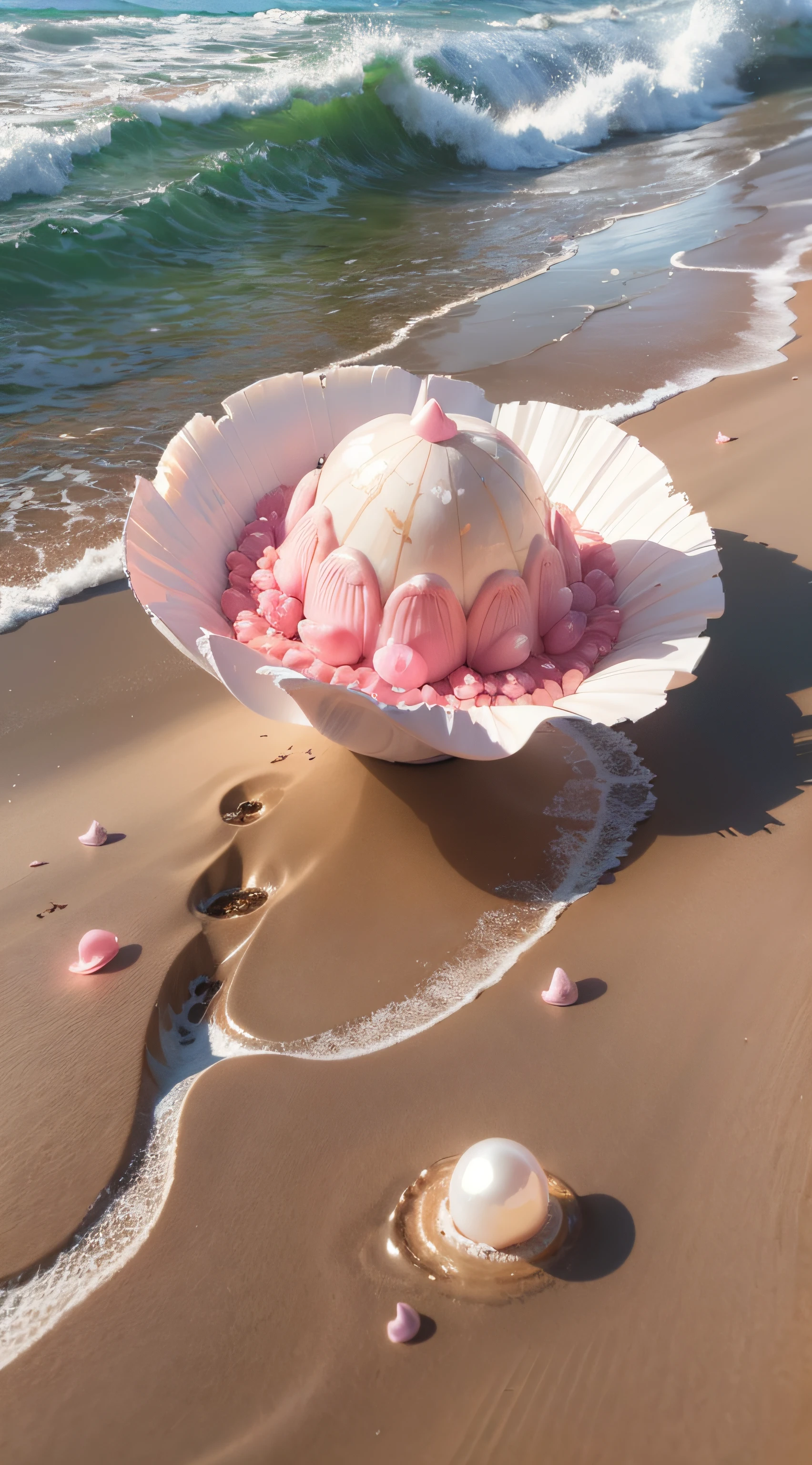 (8k, RAW photo, best quality, masterpiece: 1.2), (realistic, realistic: 1.37) There are many pink shells on the beach, there is water, pearl, pearl and shell, soft spill, pearlization, pink jellyfish everywhere, soft 3D rendering, ethereal bubbles, bubble landscape, Iray shader, soft pink, pink reflection, pearl sky, shells, paradise pink, pastel colors, pink pastels