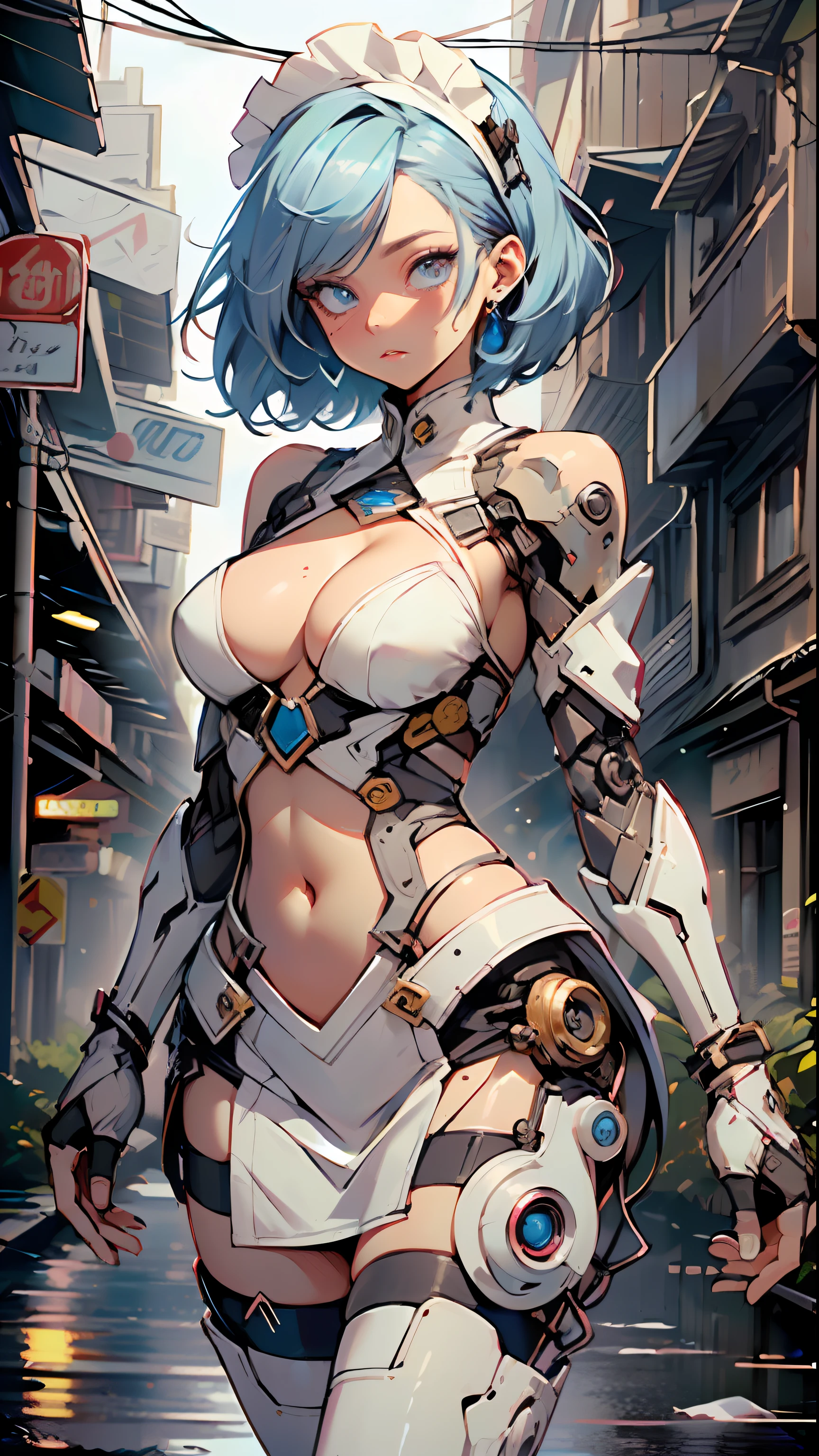 reelmech,
maid android,(1girl:1.3),((anime mechanical robot girl with extremely cute and beautiful pale blue hair hair walking seductively down the street)),

(large breasts:1.4),saggy breasts,(((pale blue bob hair:1.35,colored inner hair,short hair, ear breathing))),(((doll))) ,((pale blue eyes,pale white skin,doll joints,mechanical hands,silver armored dress,tesla coils, maid mechanical doll, Body of a machine,metallic skin, ball joint, no facial features, data in the eyes,)),((blue eyes:1.3,upturned eyes:1.3,perfect eyes,beautiful detailed eyes,gradient eyes:1,finely detailed beautiful eyes:1,symmetrical eyes:1,big highlight on eyes:1.2)),(fat:1.2),(((lustrous skin:1.5,bright skin: 1.5,skin tanned,shiny skin,very shiny skin,shiny body,plastic glitter skin,exaggerated shiny skin))),(spider lower abdomen,narrow waist,wide hip,athletic body,inflated legs,delicate detailed fingers,detailed body,detailed arms,human hands, detailed hands),

cute,slutty,seductive,erotic,nsfw, 

(maid headdress),  bare_shoulders, delicate metal decorations, Headdress, (maid), sleeveless, miniskirt, boots, cleavage_cutout, bare_legs,(detailed outfit,detailed clothes),

(dynamic pose:1.0),solo focus,embarrassed,centered,scale to fit dimensions,Rule of thirds,

outdoors, ((night view)), (cyberpunk night street Background: 1.5,dark sky,alleyway,lonely alley,thick clouds, detailed background:1.25),

(best quality), (high resolution), (sharp focus), (ultra detailed), (extremely detailed), (extremely high quality artwork), 8k_wallpaper, (extremely detailed CG 8k),(very fine 8K CG), ((hyper super ultra detailed perfect piece)), flawless, (((masterpiece))), illustration, vibrant colors,  (intricate), High contrast, Selective lighting, Double exposure, HDR (High Dynamic Range), Post-processing, Background blur,
