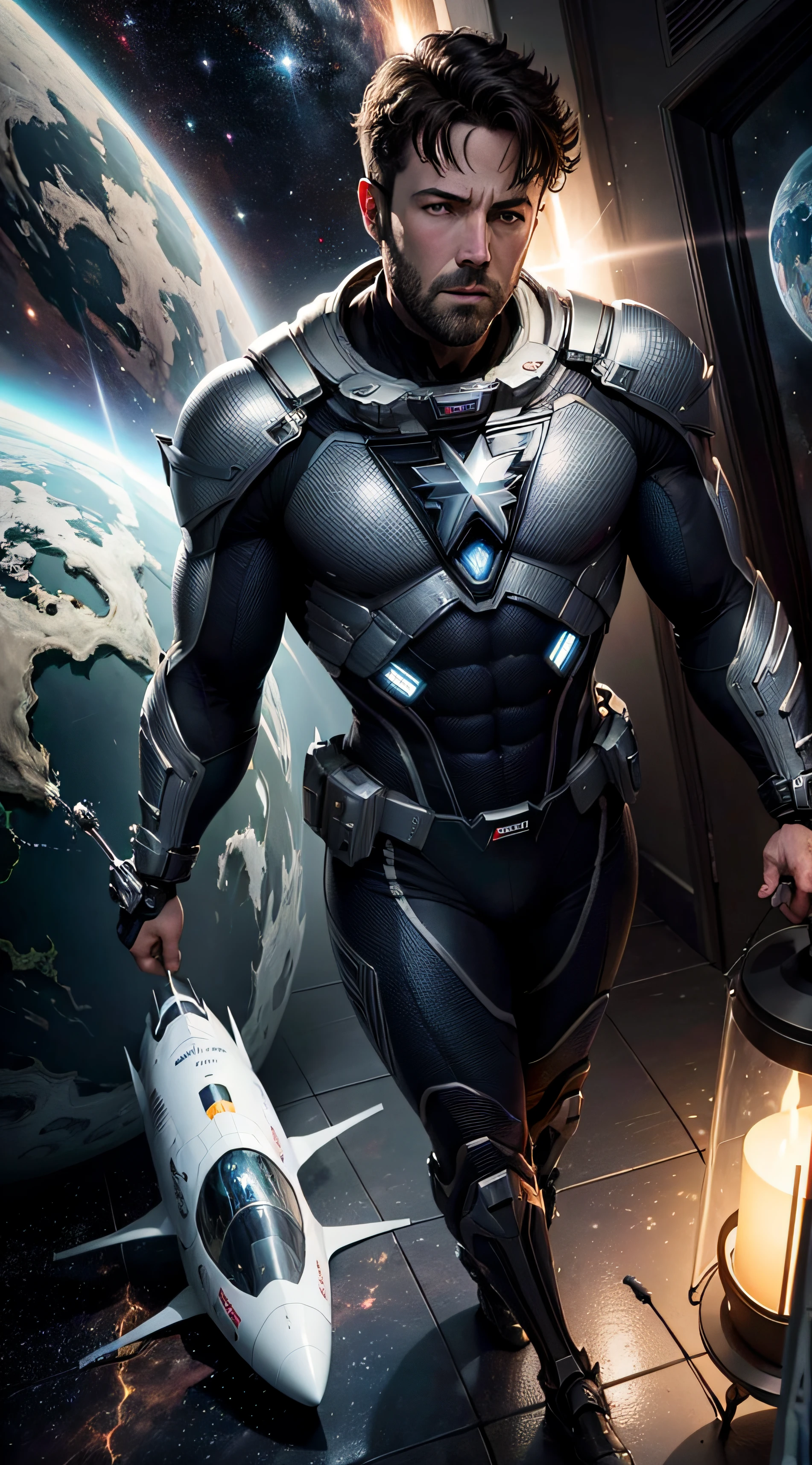 Uma casa branca, Ben Affleck in space, totalmente escuro, Ao longo do tempo, cinza totalmente escuro, sem cor, apenas preto, cinza e branco, tudo ultra realista, uma imagem deste homem nunca vista, ultra realistic --auto