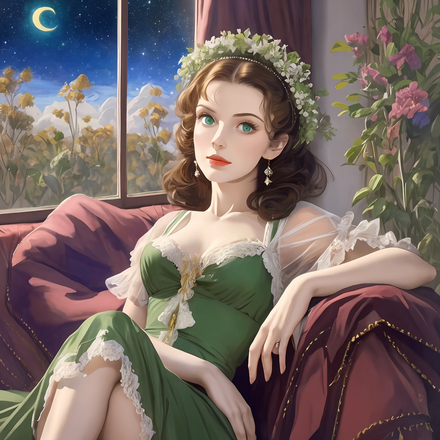 Bewitching green eyes Vivien Leigh in green and white dress sitting on a couch in front of a window, an art deco painting inspired by Art Frahm, tumblr, figurative art, art deco painting, baroque painting. star lit sky, art deco portrait, stars in her gazing eyes, hildebrandt, realistic art deco, francine van hove, celestial goddess, fantasy realism, blue night