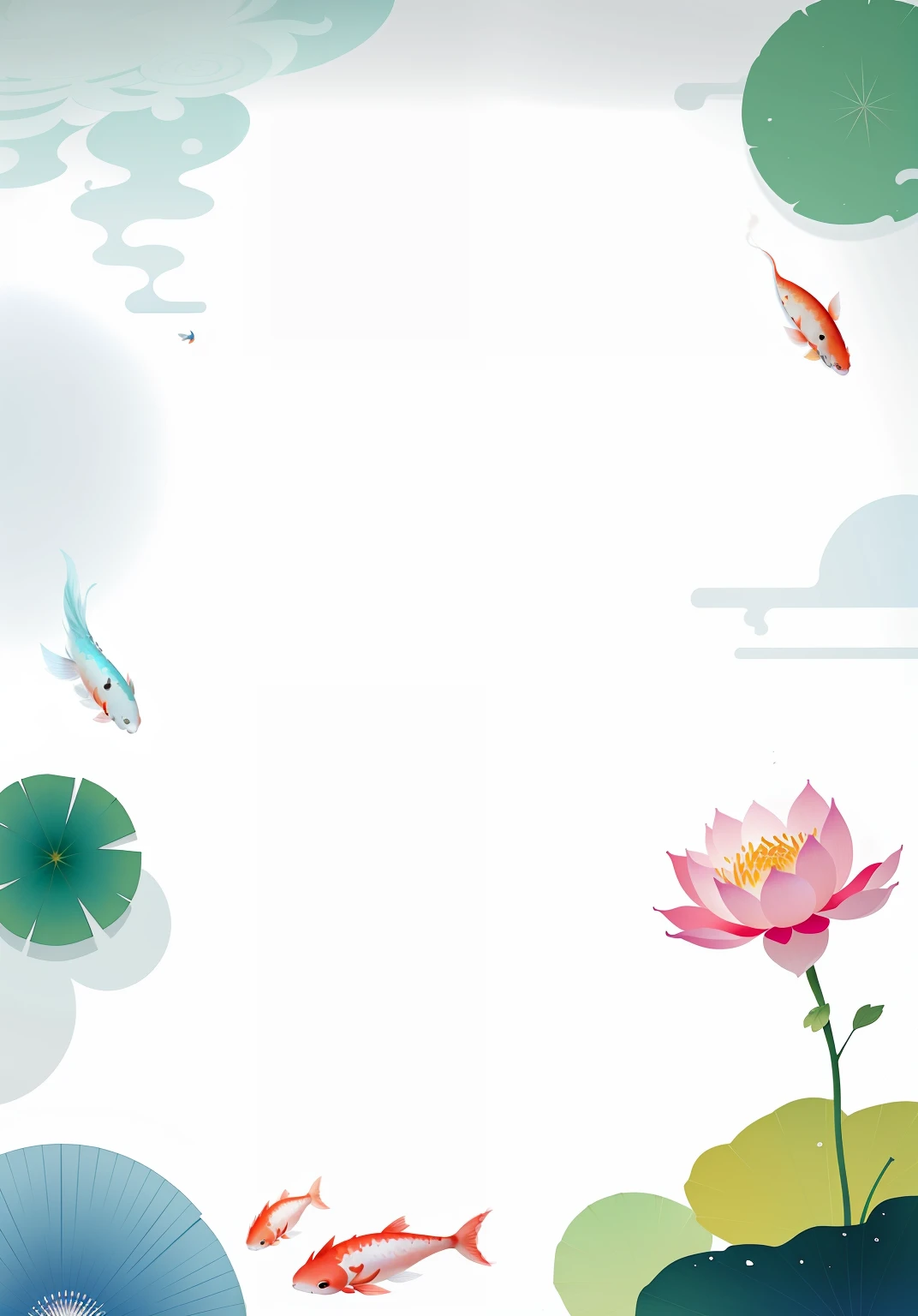 There are many fish swimming in the water near the lotus leaf, arte de fundo, anime backgrounds, fairy tale style background, serene illustration, Simple background, without text, Japanese style painting, Chinese watercolor style, floating koi fish,  Watercolor illustration style, Lotus pond, Flower background, phone background, Anime background art, background artwork, background-image, minimalistic background，Koi fish are clearly visible