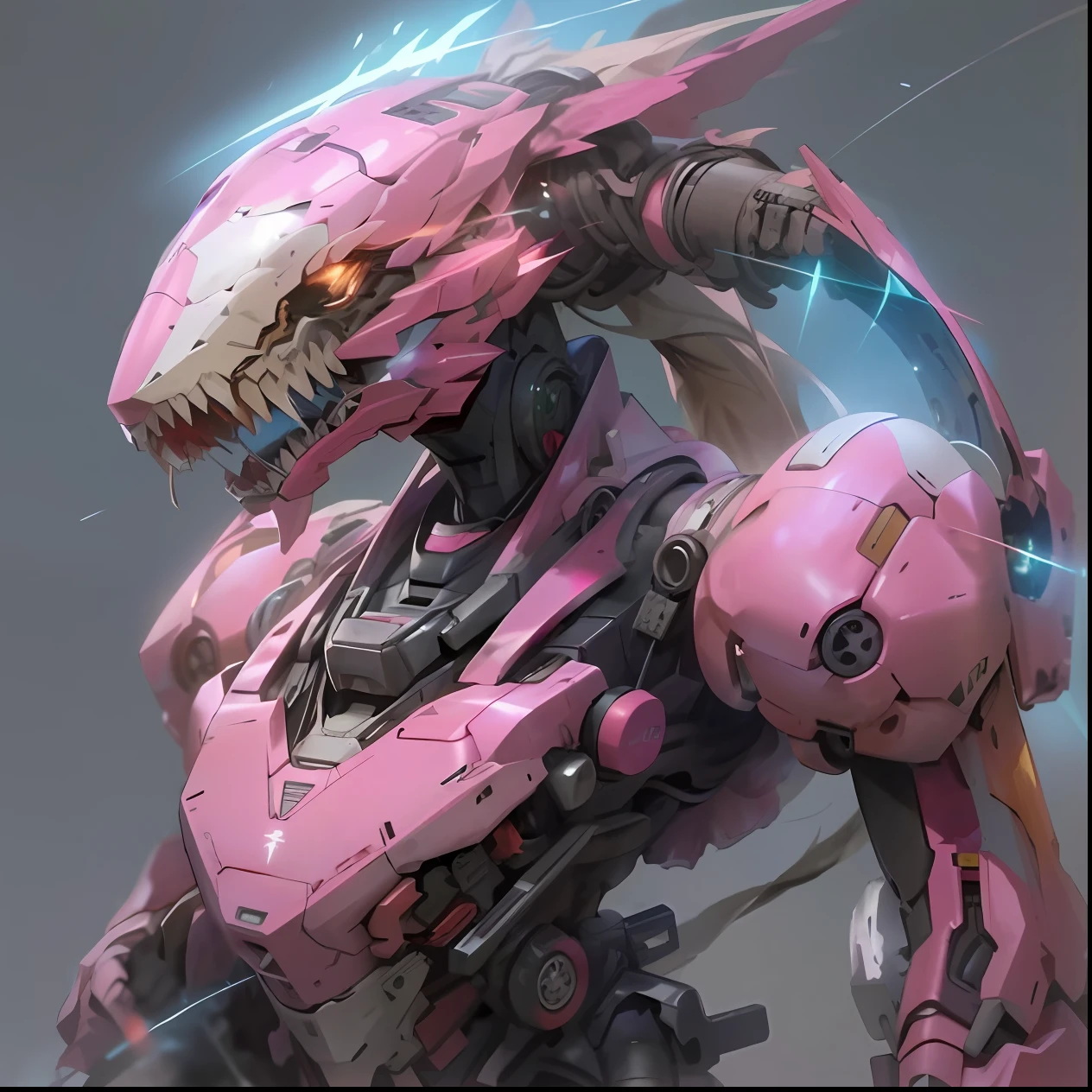 Close-up of a robot with a pink body and a big head, robot mecha female dragon head, mecha animal, pterodactyl mecha, sleek mecha female dragon head, seapunk mecha, female mecha, cool mecha style, Alexander Ferra Mecha, ethereal and mecha theme, Ross Tran 8 K, wojtek fus
