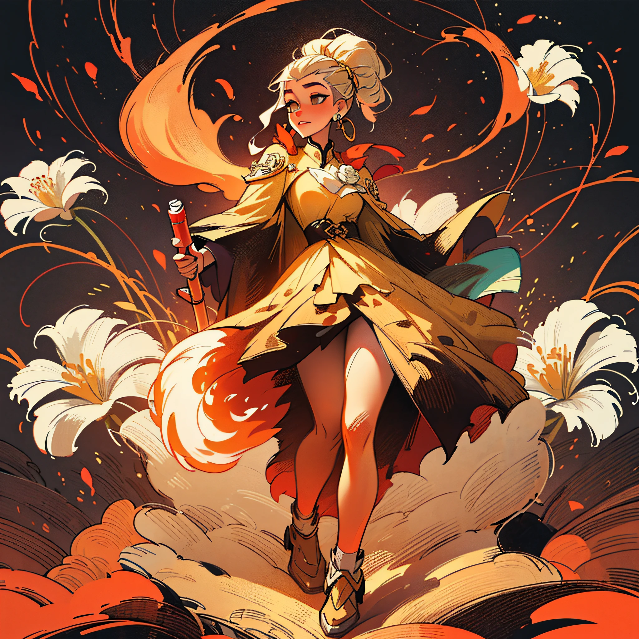 (Masterpiece, Top Quality, Best Quality, Official Art, Beauty and Aesthetics: 1.2), (1girl: 1.3), Very Detailed, (Fractal Art: 1.1), (Gold: 1.1) (Flowers: 1.3), Most Detailed, (Zentangle: 1.2), (Dynamic Pose), (Abstract Background: 1.3), (Shiny Skin), (Many Colors: 1.4), ,( earrings), (shine:1.5), (Flamethrower:1.3), red background, Phoenix skirt,