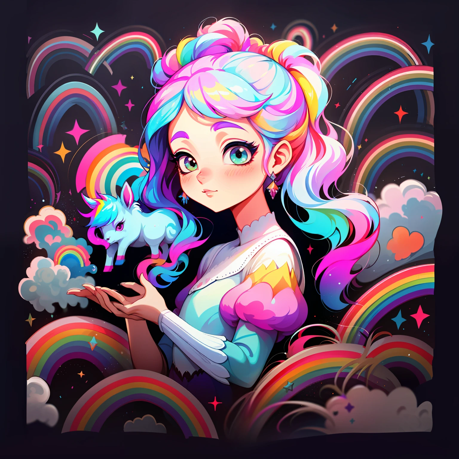adesivo,1girl, fundo simples, menina com cabelo longo, Beautiful unicorn girl, unicorn aesthetics, Beautiful girl, arte de fantasia muito bonita, Beautiful and elegant female unicorn, bela fantasia detalhada, Rainbow colored palate, rainbow color-theme