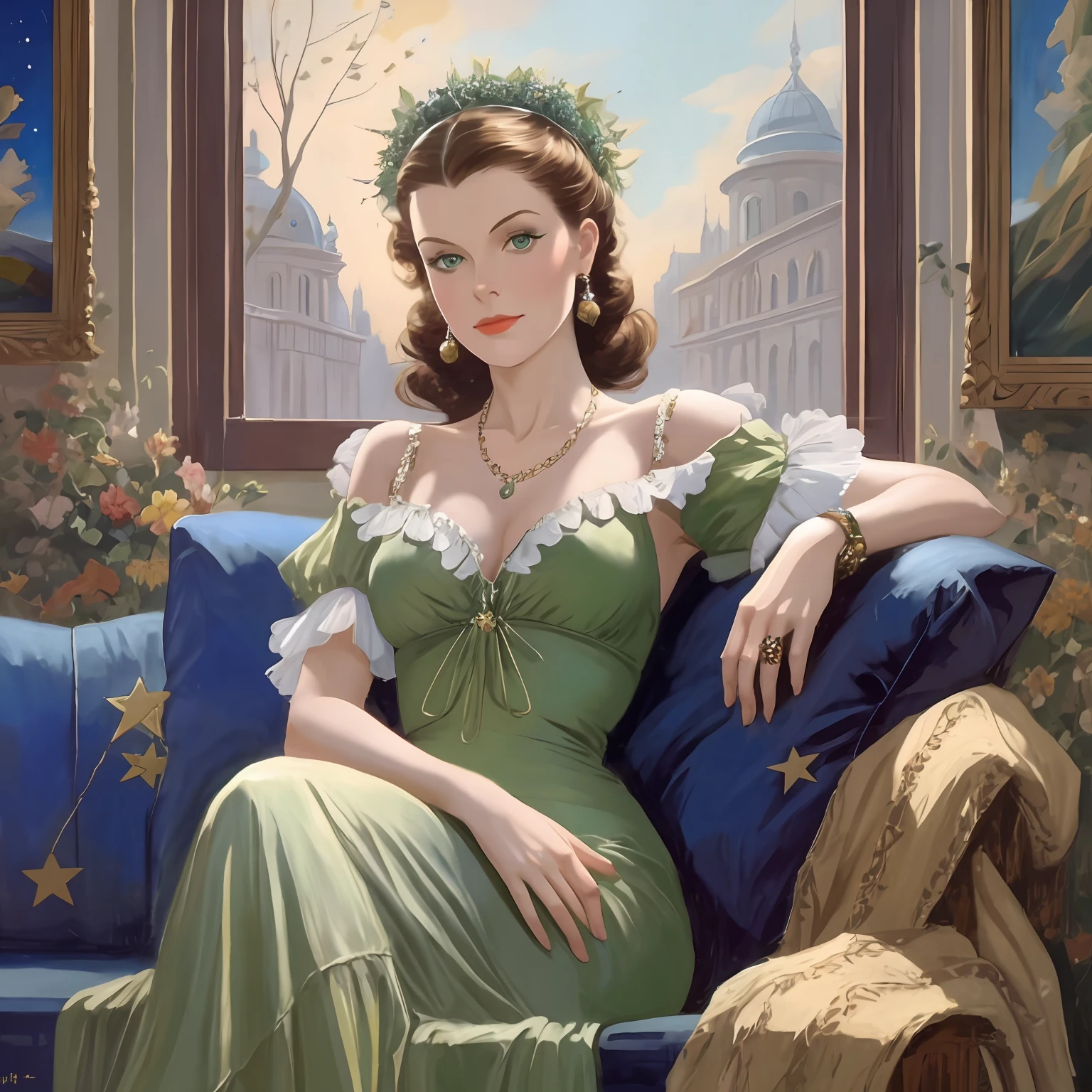 Bewitching green eyes Vivien Leigh in green and white dress sitting on a couch in front of a window, an art deco painting inspired by Art Frahm, tumblr, figurative art, art deco painting, baroque painting. star lit sky, art deco portrait, stars in her gazing eyes, hildebrandt, realistic art deco, francine van hove, celestial goddess, fantasy realism, blue night