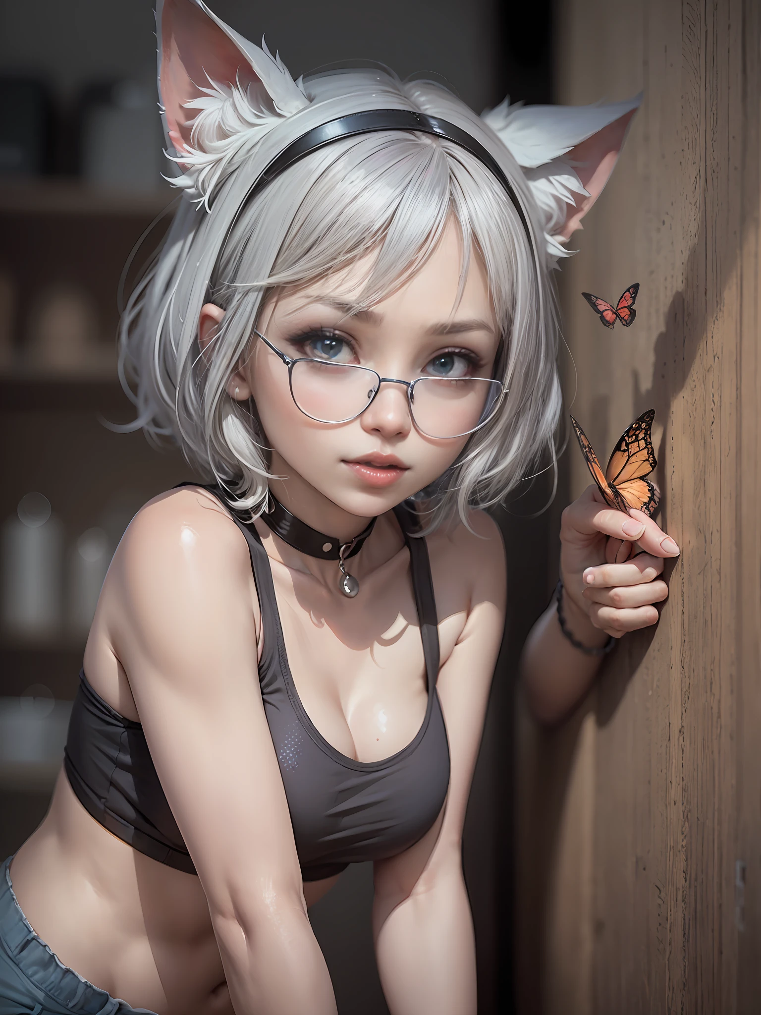 high detal, 8K分辨率, 超高分辨率, A young girl, a cute girl, shoulder-length short hair, Colorful clear eyes, Smooth hair, 鎖骨, Delicate and perfect facial features, the most beautiful big eyes, Long eyelashes, The eyes are sweet and there are lying silkworms, ssmile, dynamic angle, extreme picture quality, Highest accuracy, Precise and perfect human anatomy, Sport Tank Top, Open navel, Pronounced abdominal lines, Sports hot shorts, Stand up, Looks like Di Li Gerba, silver hair, rimless eyewear, butterfly hair ornament, ta hairband, mole under eye, cat ears, shy, licking lips, Gothic art, cinematic lighting, 4K, UHD, masterpiece, high details