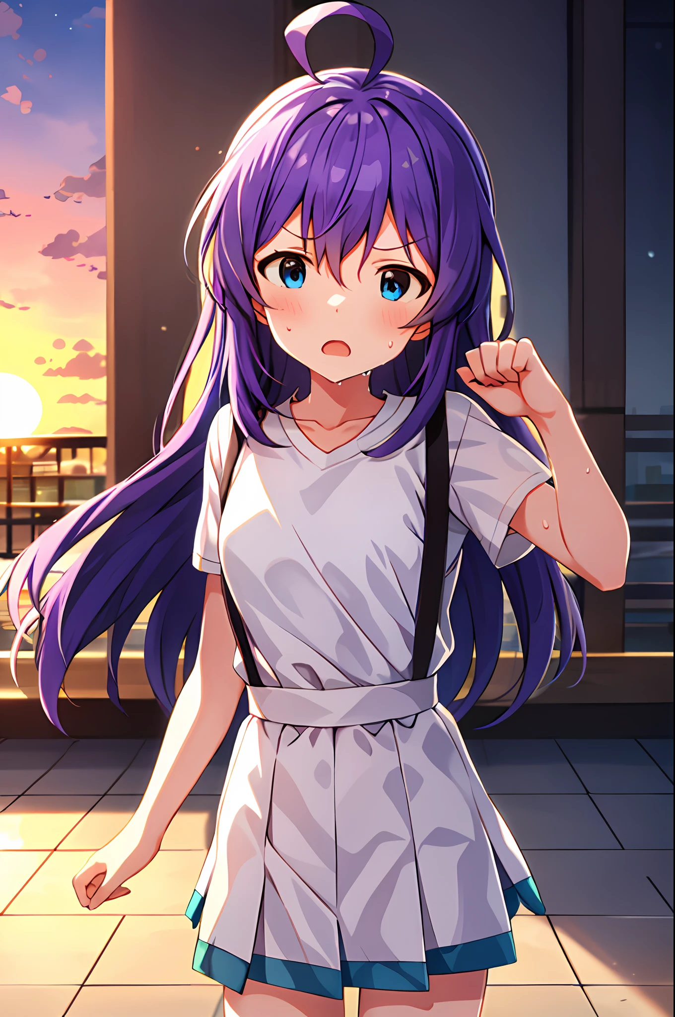 mochizuki anna,1girl in,Solo,Long hair,Purple hair,Medium chest.Ahoge,Blue eyes.Short stature.white t-shirts.suspenders.Skirt.Evening glow.the setting sun.Despair face.Sweat.Opening Mouth.up chest.fighting stance.
